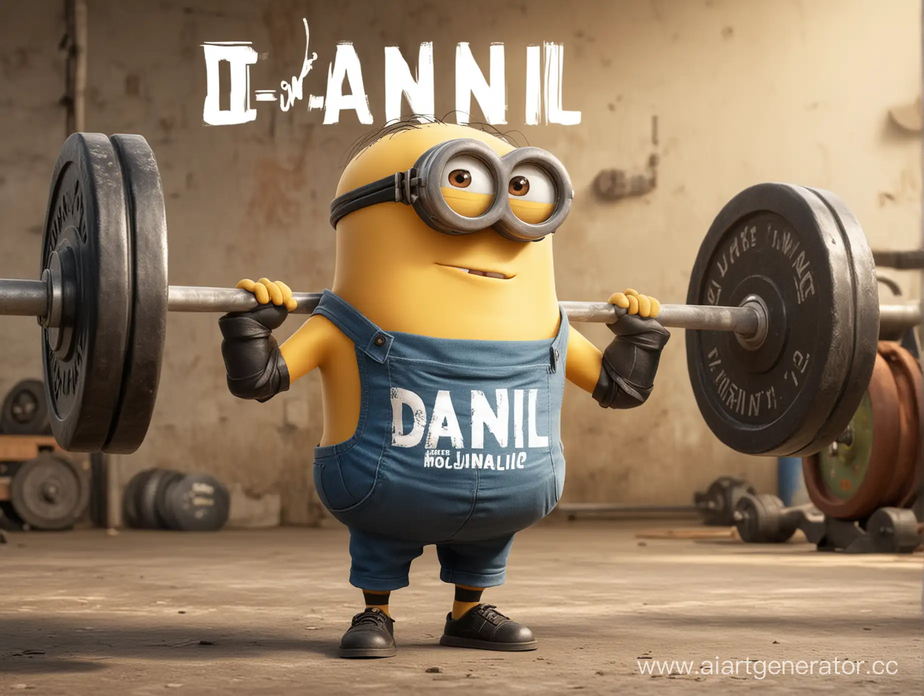 Накаченный миньон поднимает огромную штангу в футболке на который написано имя «Данил»