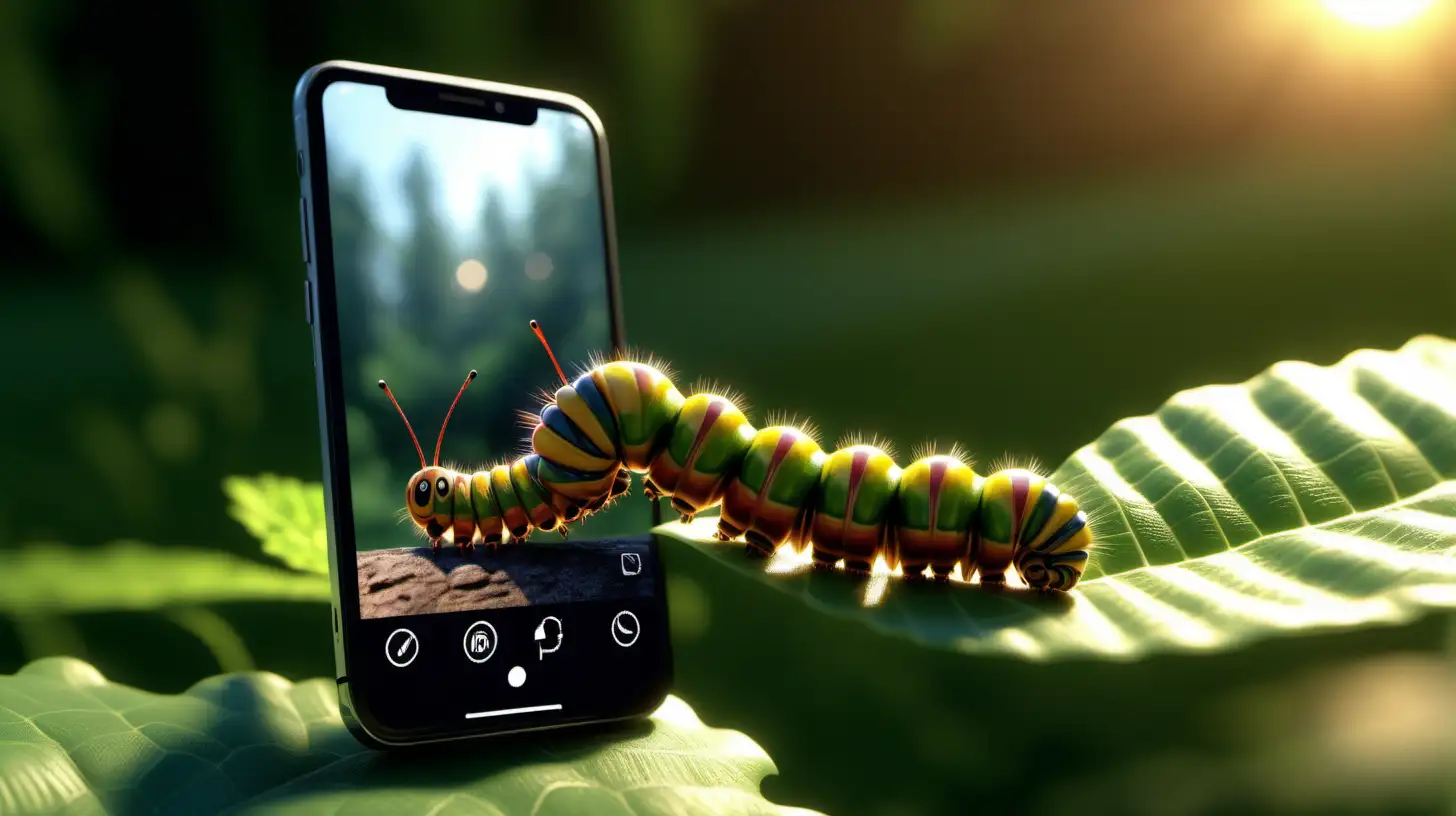 Hyperrealistic Sunset Cellphone Capturing Caterpillar Photography