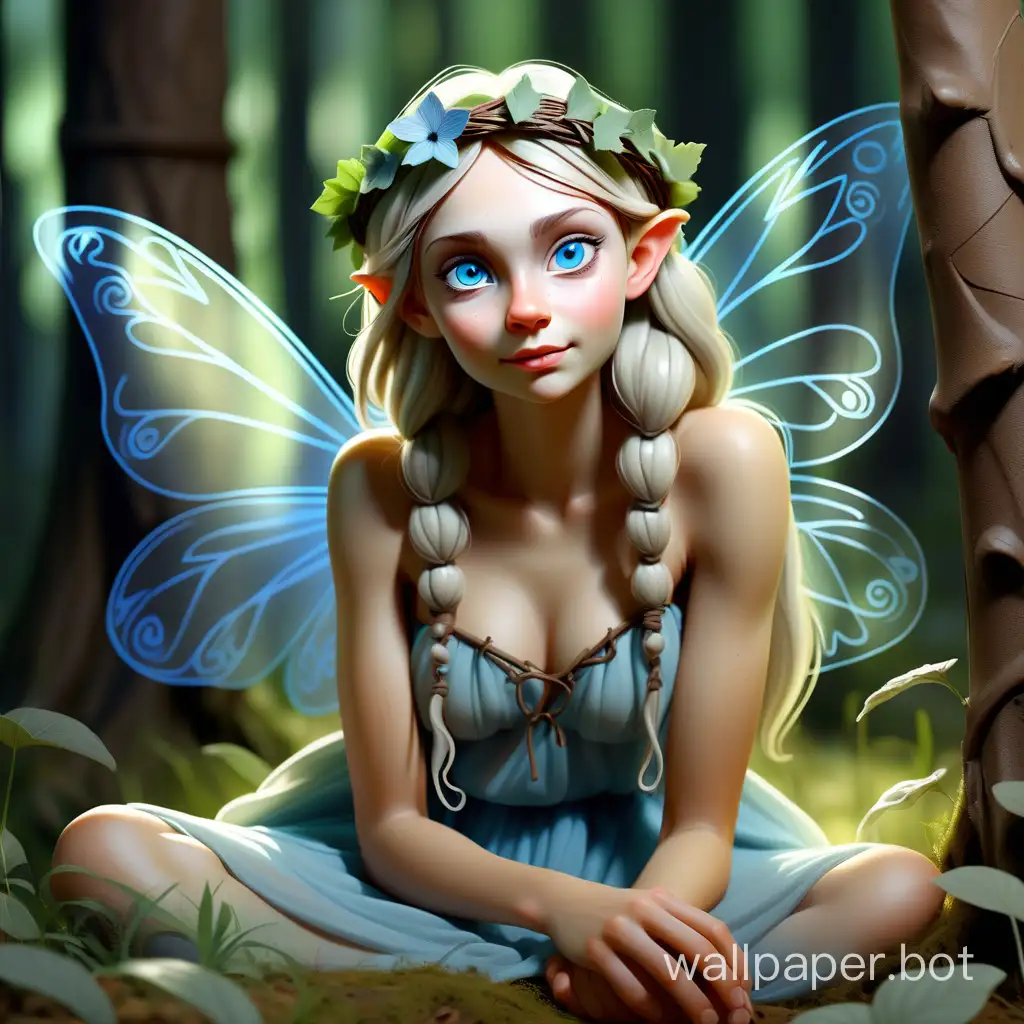 Art illustration light transparent contour graphics. Slavic forest fairy sitting in a clearing. Natural costume, lively blue eyes, perfect skin, light makeup, tender, dimples on cheeks. Emotional. Clarity, sharpness. High quality. Realistic model.