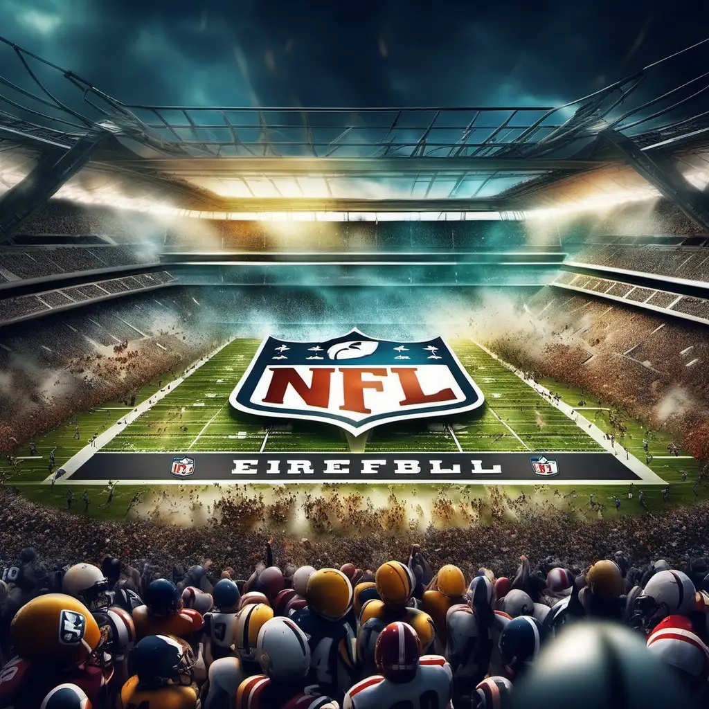 Prompt: American football stadium packed with cheering fans, epic NFL logo superimposed.
Style: Dynamic, high-energy, photorealistic.