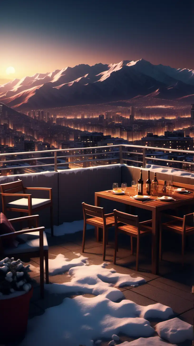 a Terrace on a high building, overlooking a pretty city at night, Snow top mountains in the background at sunset, extreme detailed digital art, dramatic lighting 