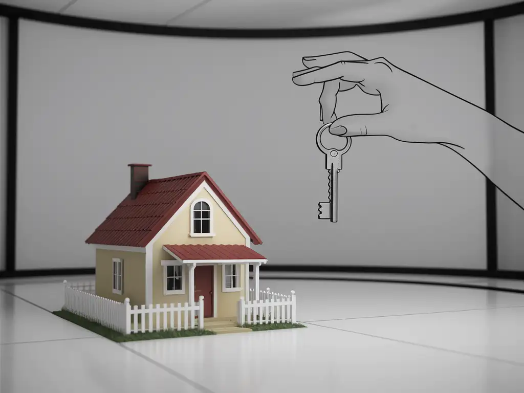 Hand holding key, house model, simple drawing,