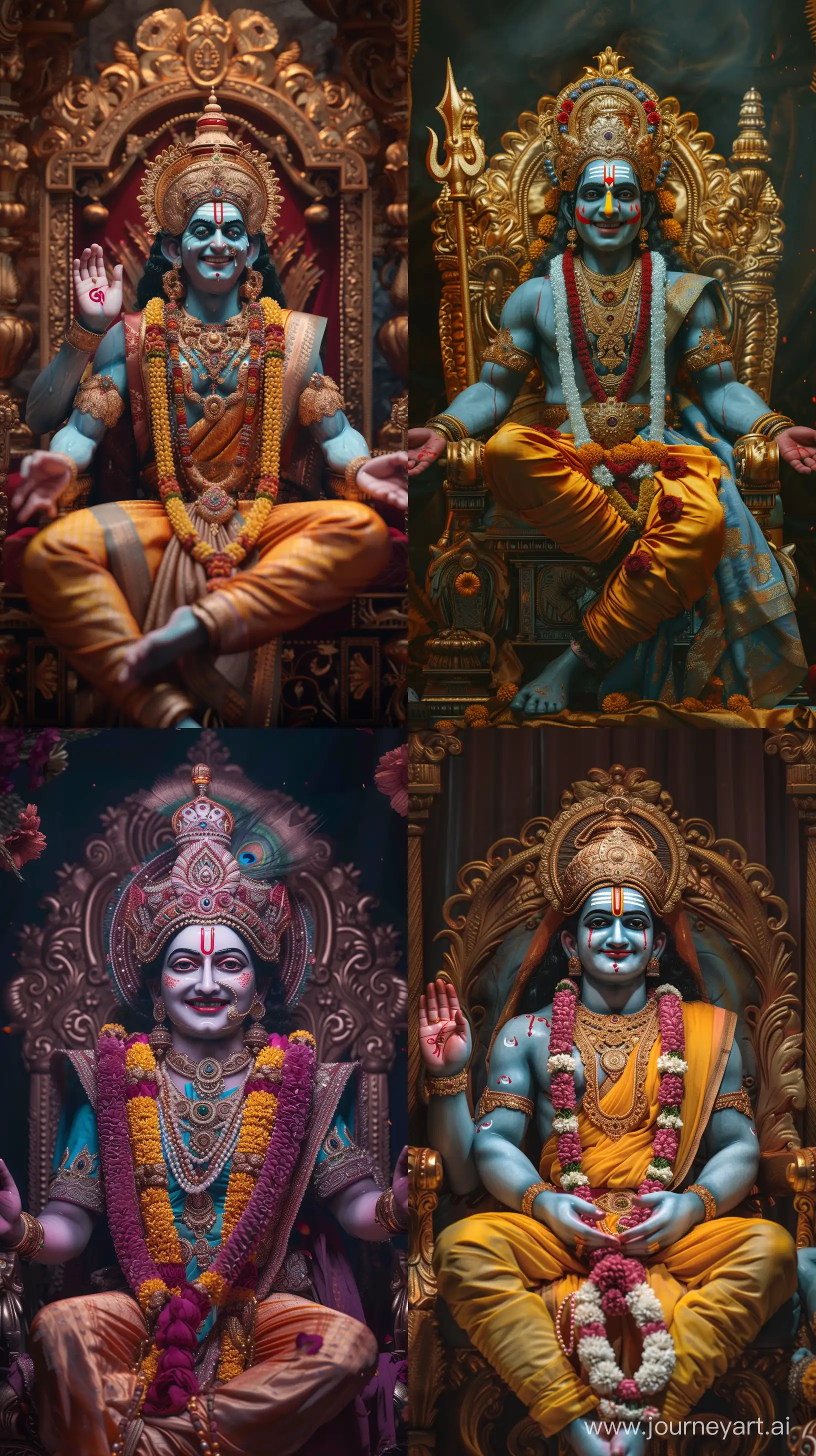 Realistic colorful images depicting Lord Rama from Hindu mythology seated on his throne, smiling with tears in his eyes, intricate details, close-up image, dim ambient light, 8k quality images --ar 9:16 --v 6