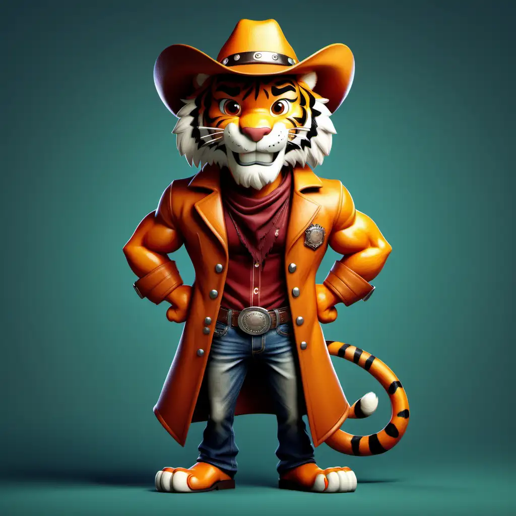 tiger cartoon strong / smiling with a cowboy hat, and coat