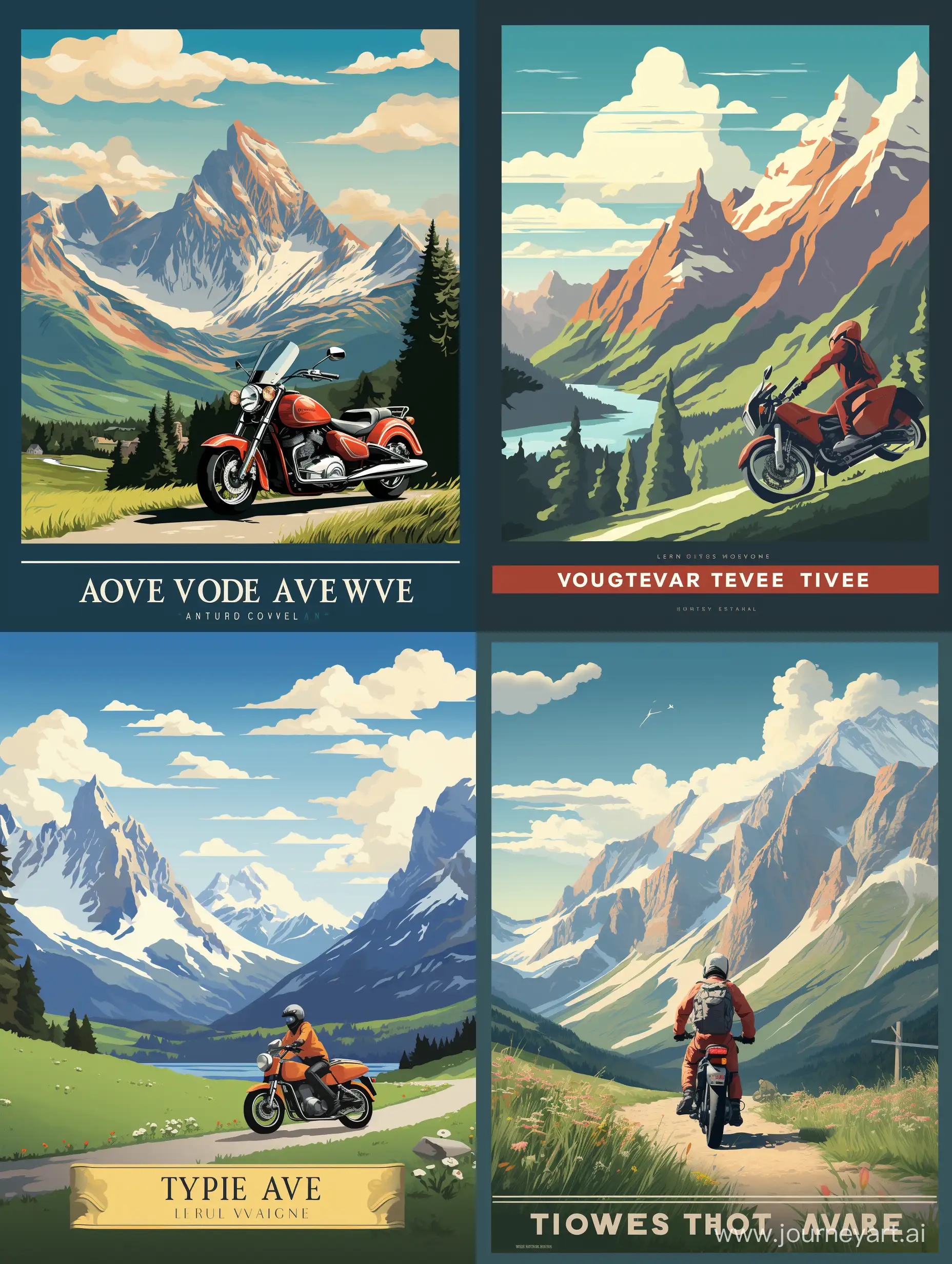 Travel poster featuring motorcycle in Alps by artist Justin Van Genderen, flat vector art illustration, wide angle 