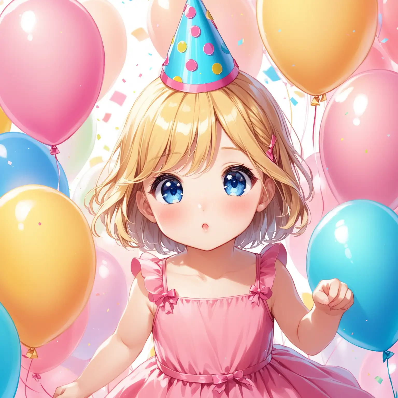 little girl at a birthday party,  a with a dress,  blonde hair, blue eyes, pink balloons, party hat, 