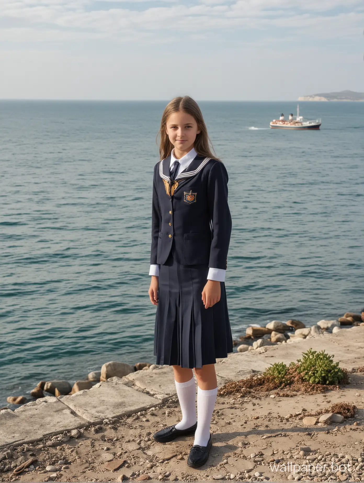 11-year-old girl, Crimea, in full growth, school uniform, view of the sea, ship in the distance