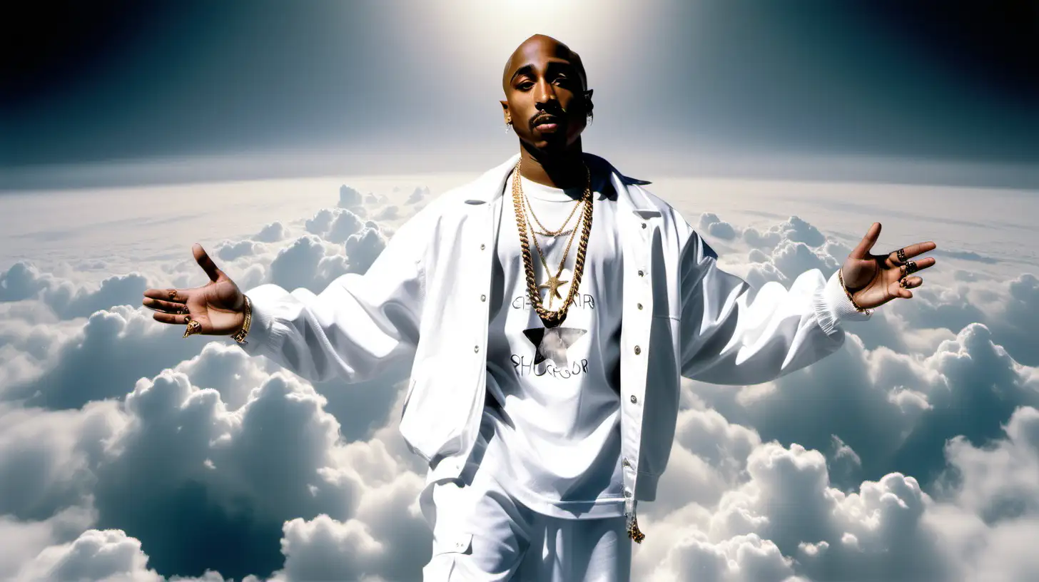 Tupac Shakur Poses in Heavenly White HipHop Attire Amidst Clouds