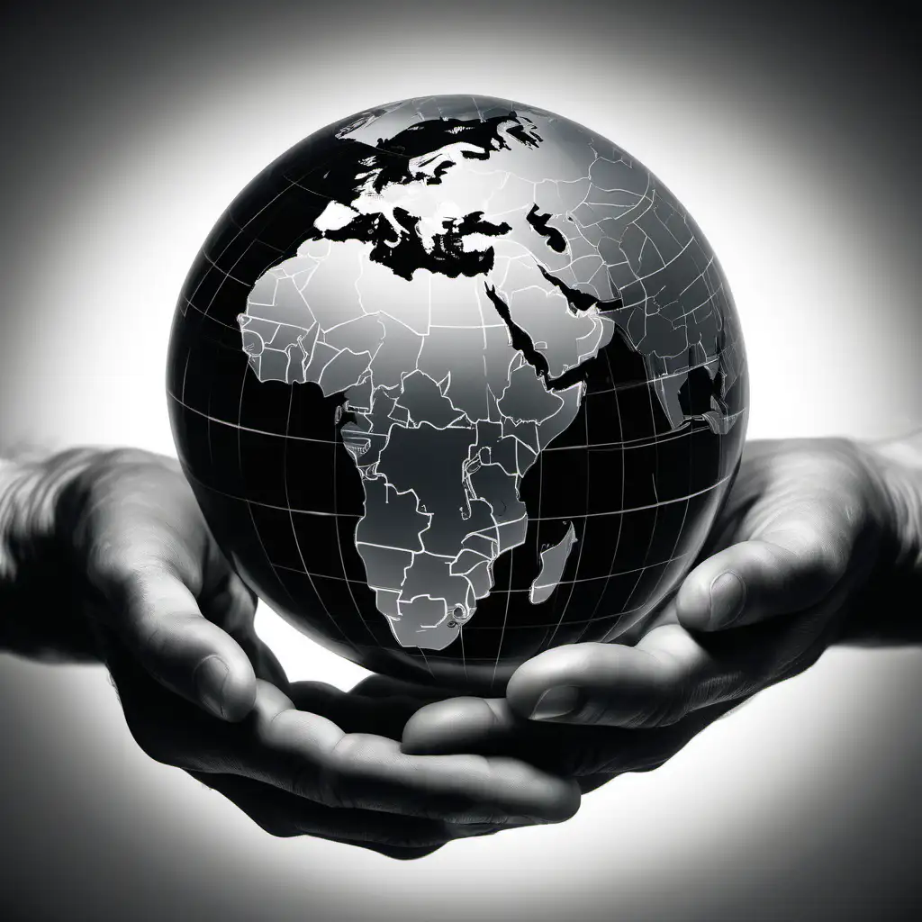Globe of the world in the palm of hands that are prominently grey with a grey scale aura around them holding a black and white globe