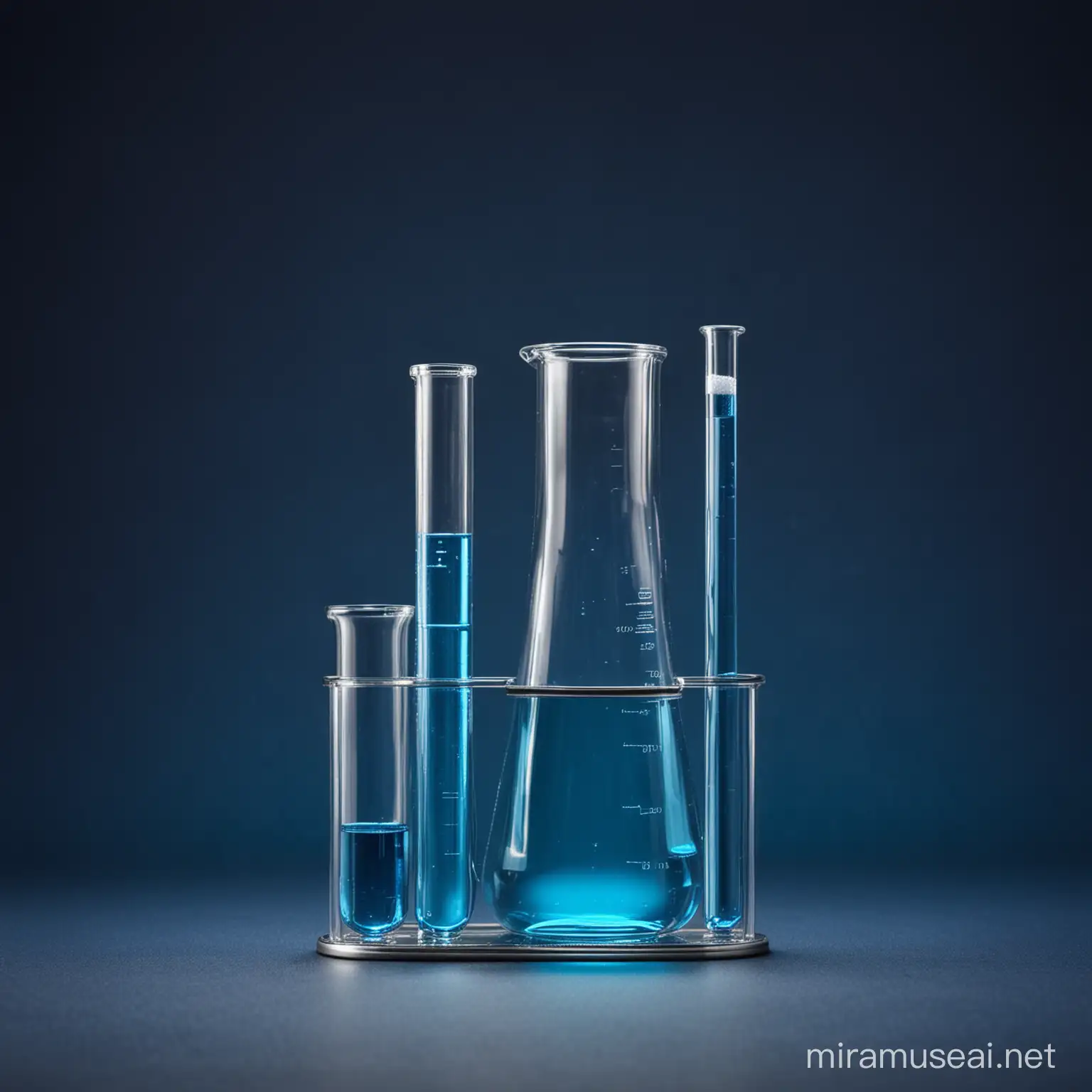 blue test tube and flask in the middle of dark blue  background