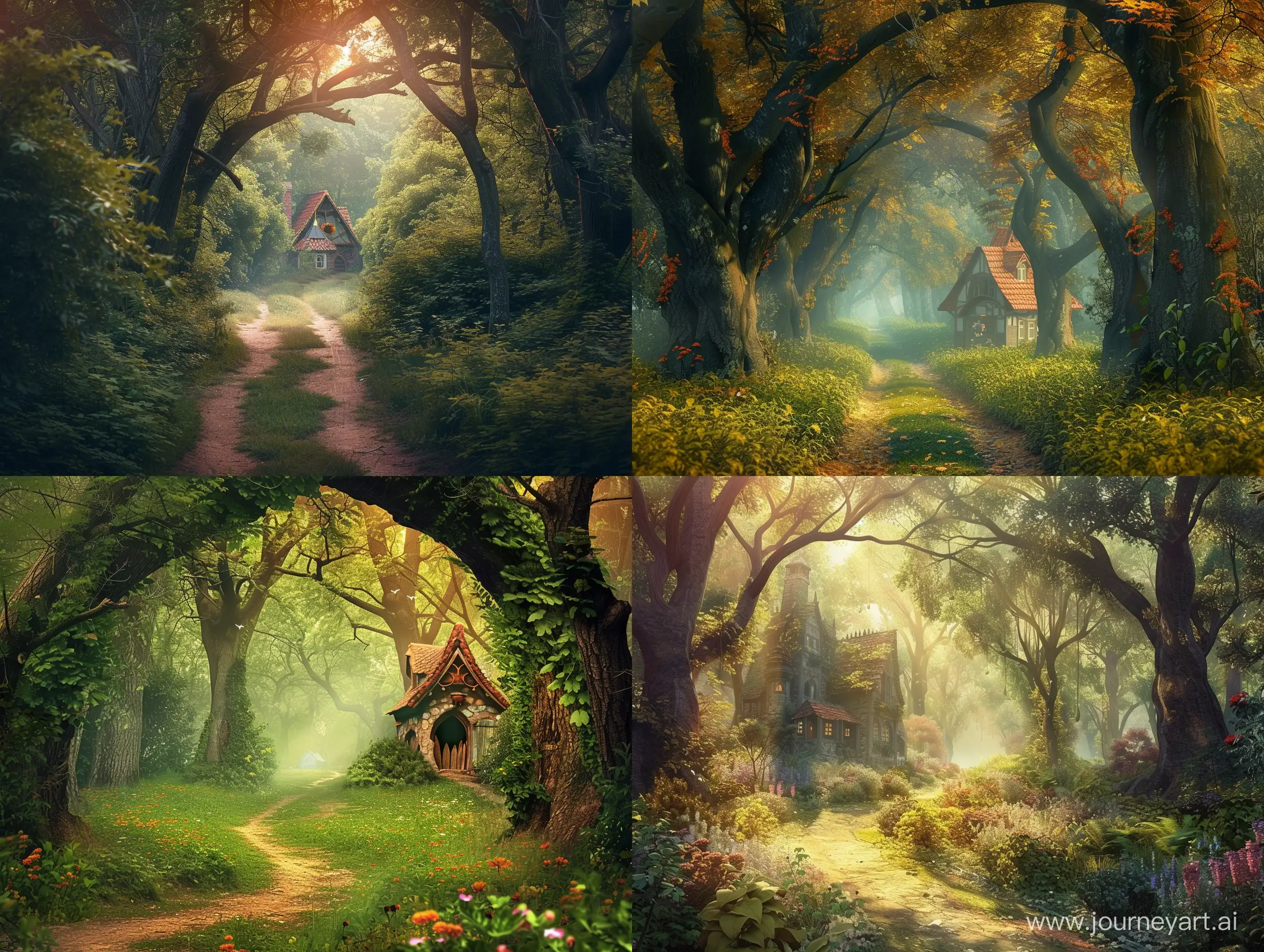 Волшебный сказочный лес с красивой избушкой вдалеке
