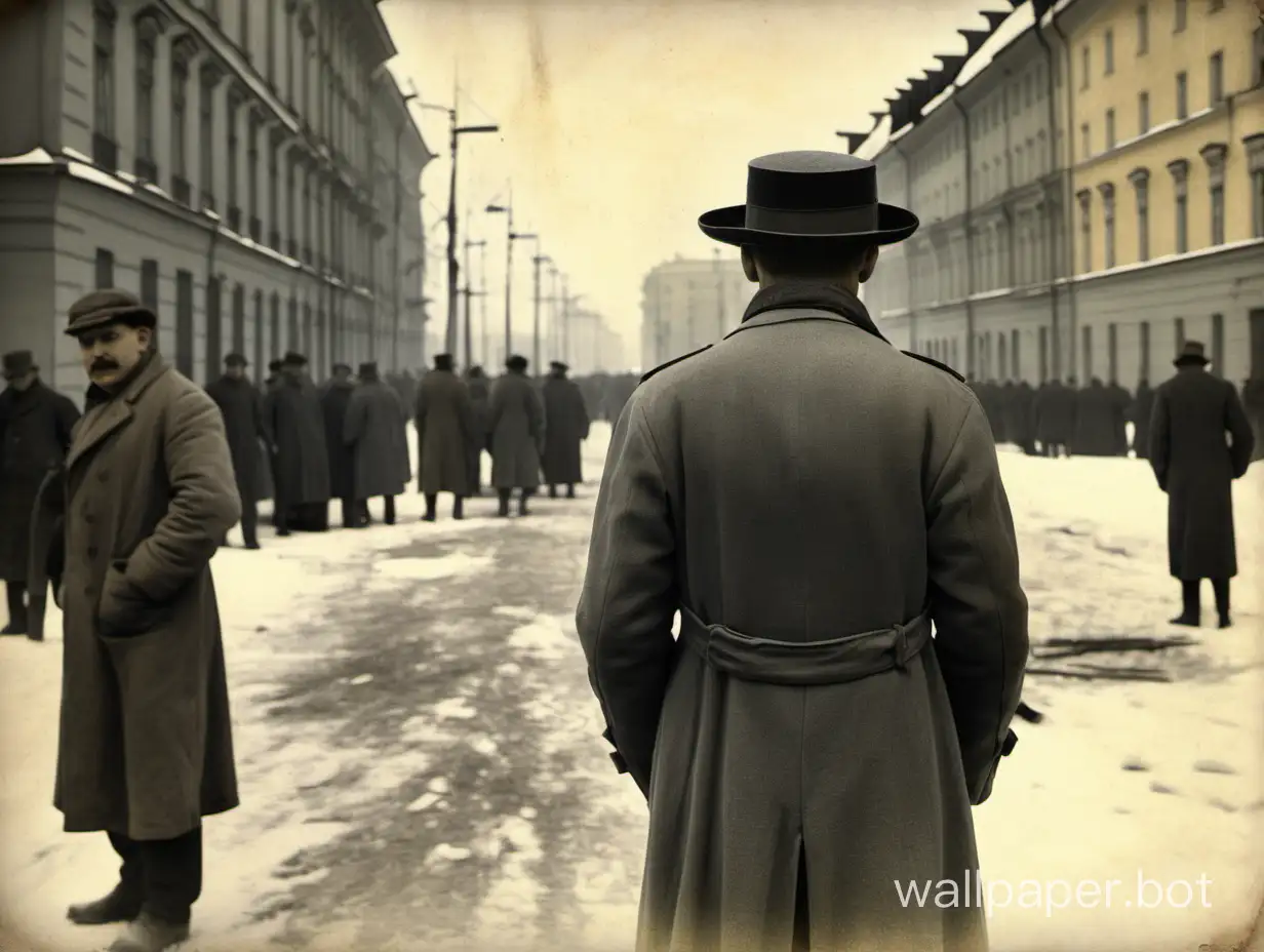 Петербург 1917 года. На переднем плане стоит человек в шляпе, спиной. В стиле старого потертого фото