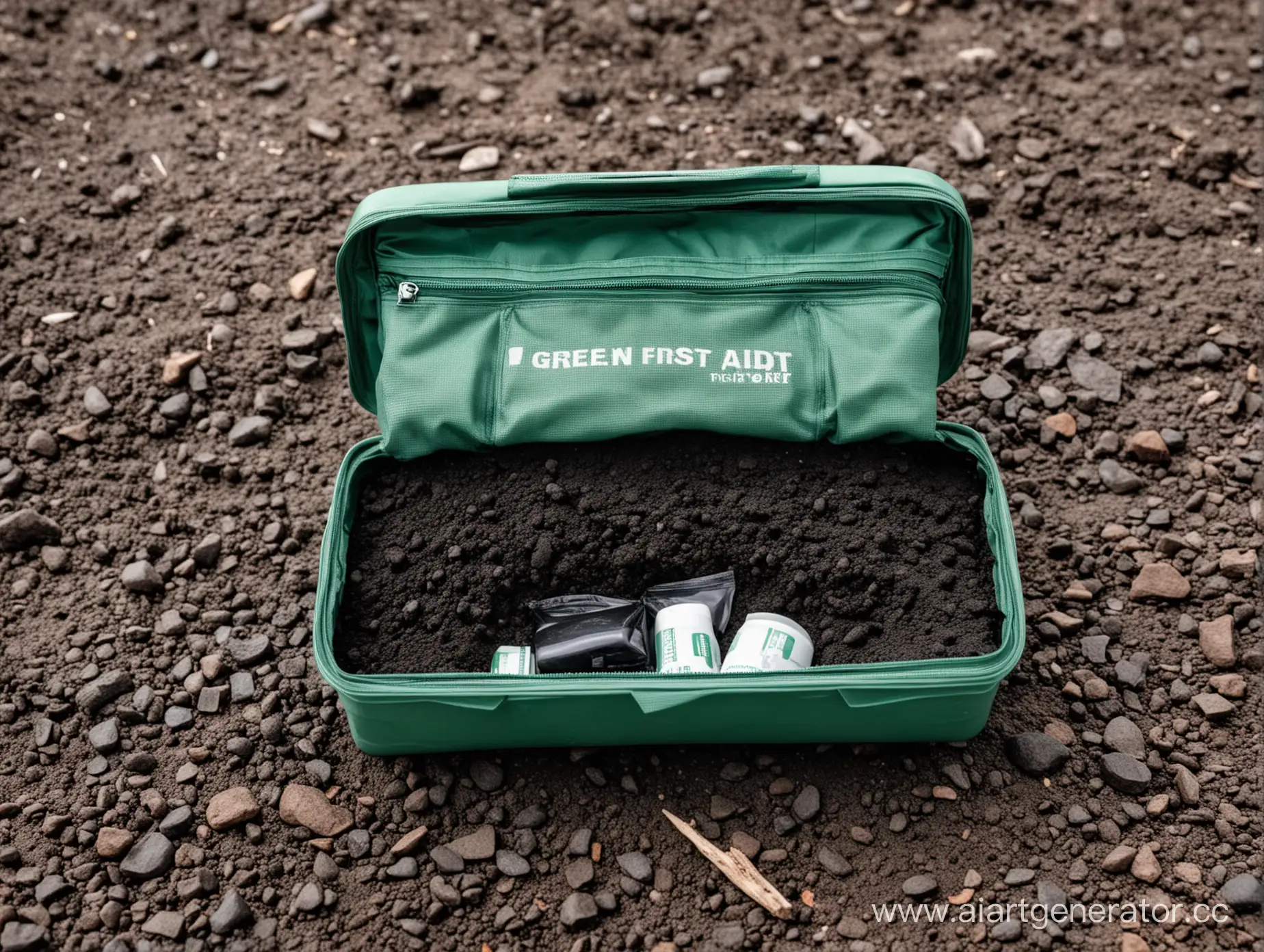 Green first aid kit filled with black dirt inside