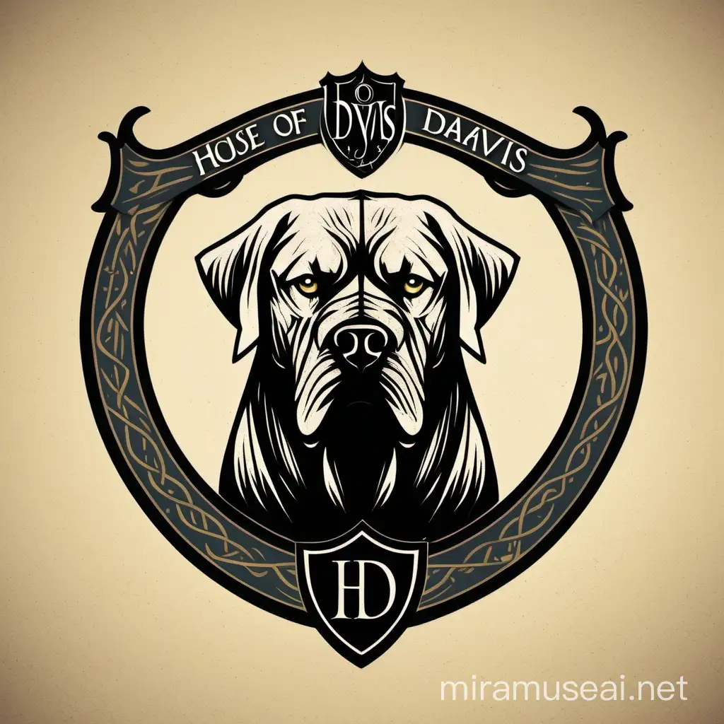 A house Sigil in the style of game of thrones with an illustrated mastiff head as the house symbol. The house name is House Davis. The house words are We Do Not Waste Food