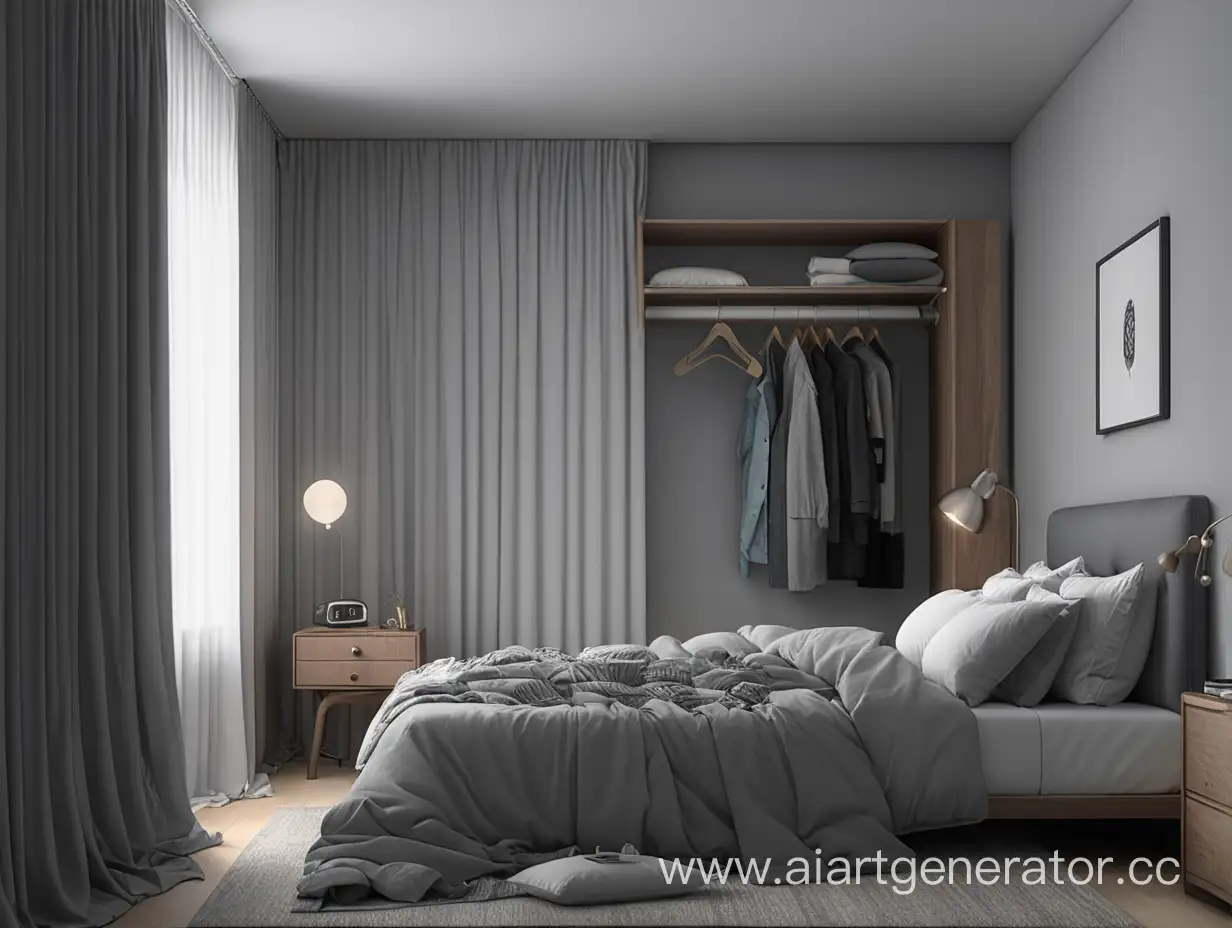 A gray room with a bed, a small closet, curtained windows from where the light barely fits and a bedside table with an alarm clock.Scattered things around!