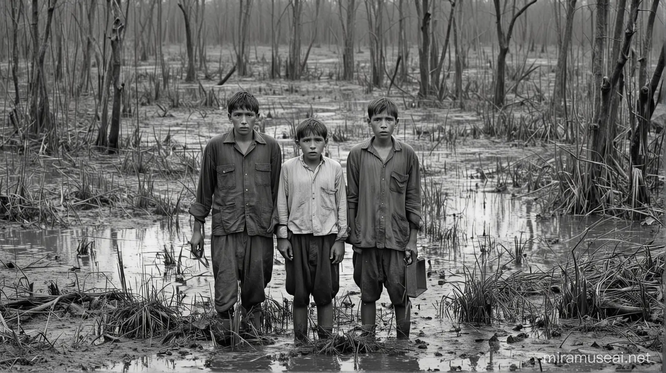 3 villagers looking frightened into the swamp. year 1950