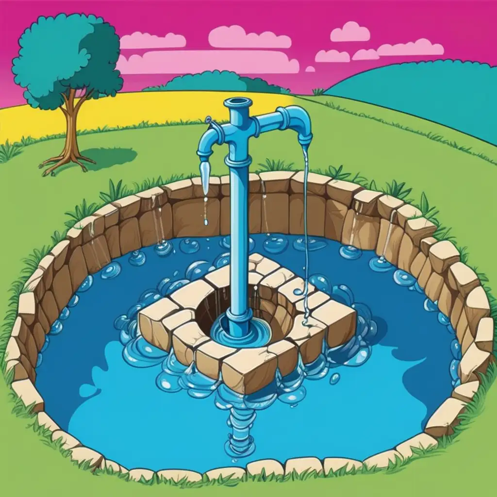 User
Please draw a water well above the ground, but below it show the well and at the end, the layer of water, as if in a cross-section, do you want to explain to the children what a well is? The painting is as if for visual illustration... in a colorful pop art style