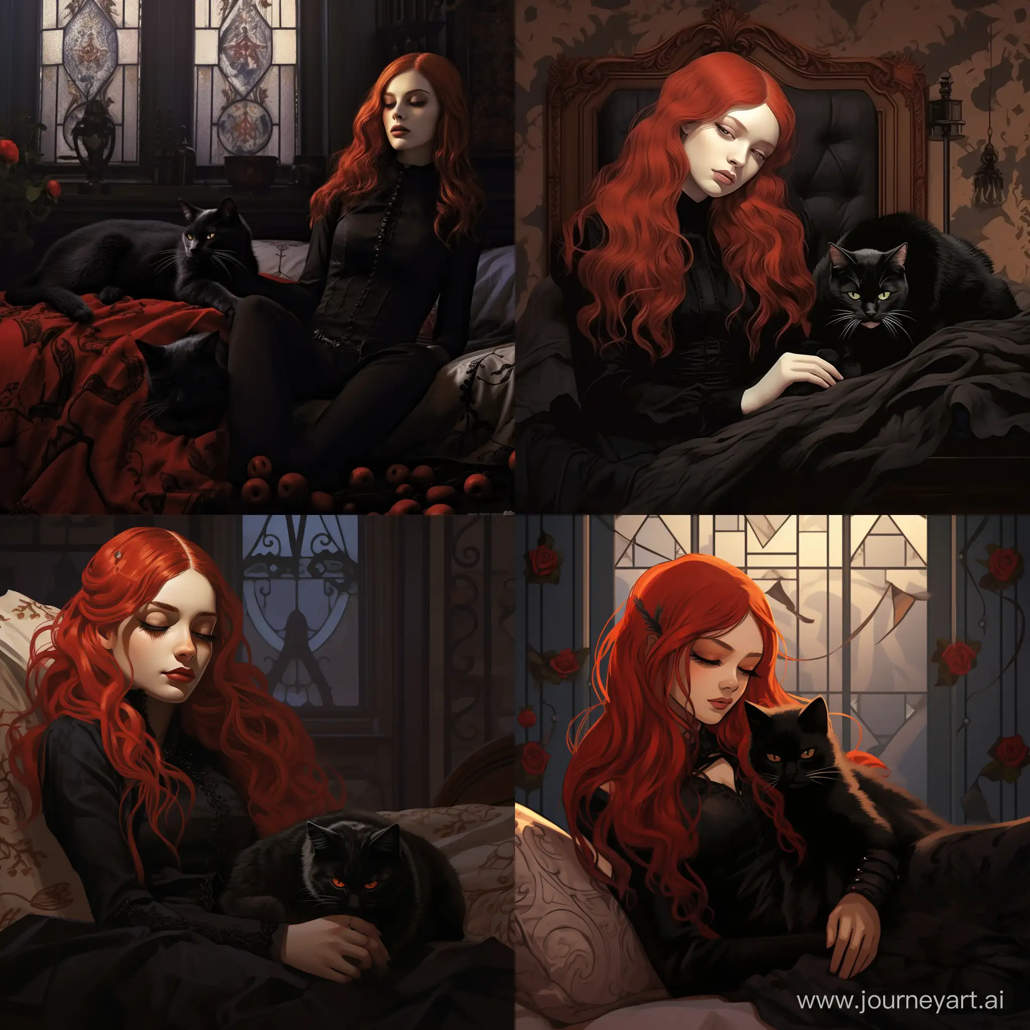 Enchanting-Slumber-RedHaired-Gothic-Girl-and-Stylish-Cat-in-Cozy-Embrace