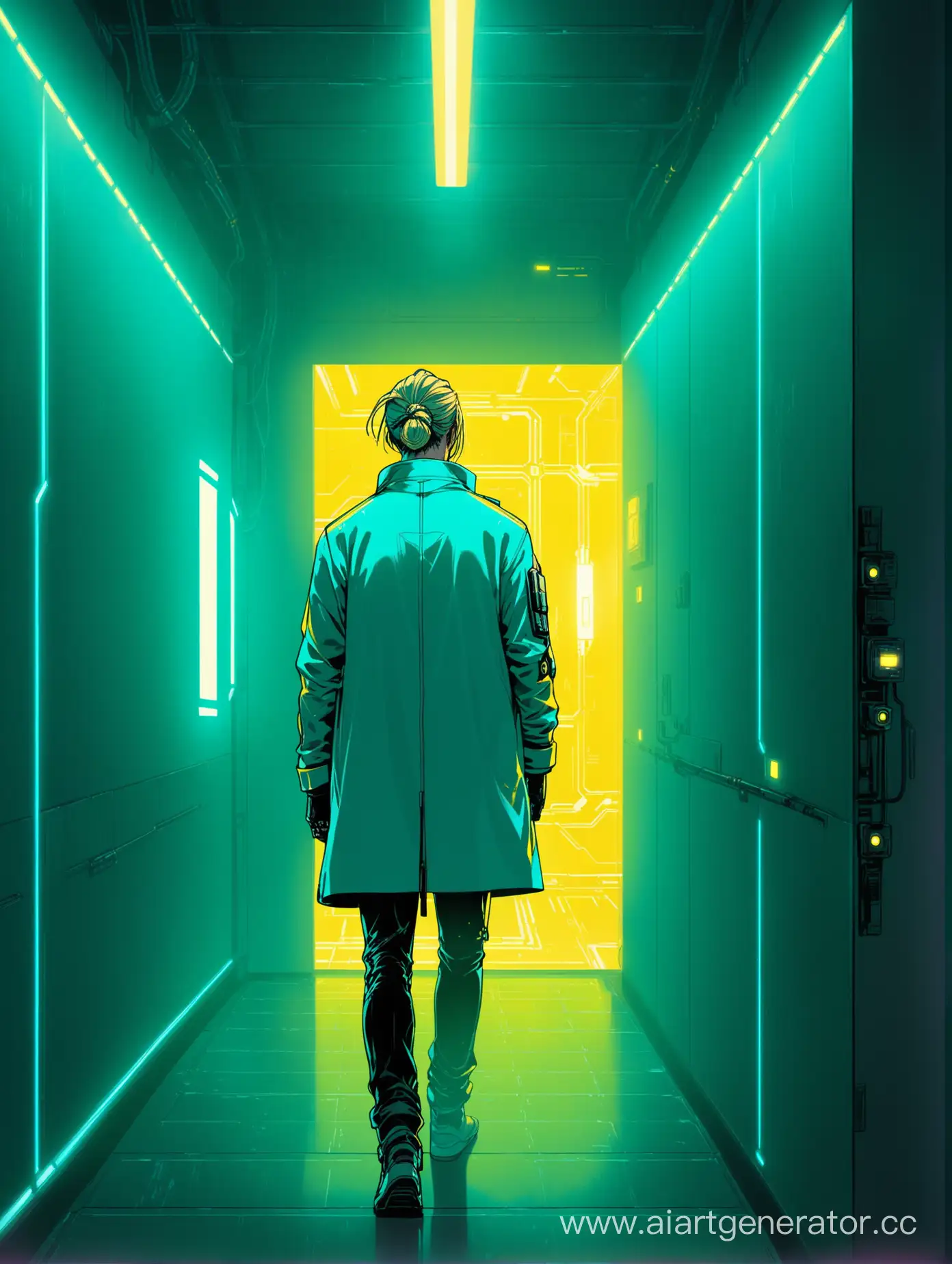 TurquoiseCoated-Figure-Exiting-Illuminated-Cyberpunk-Room