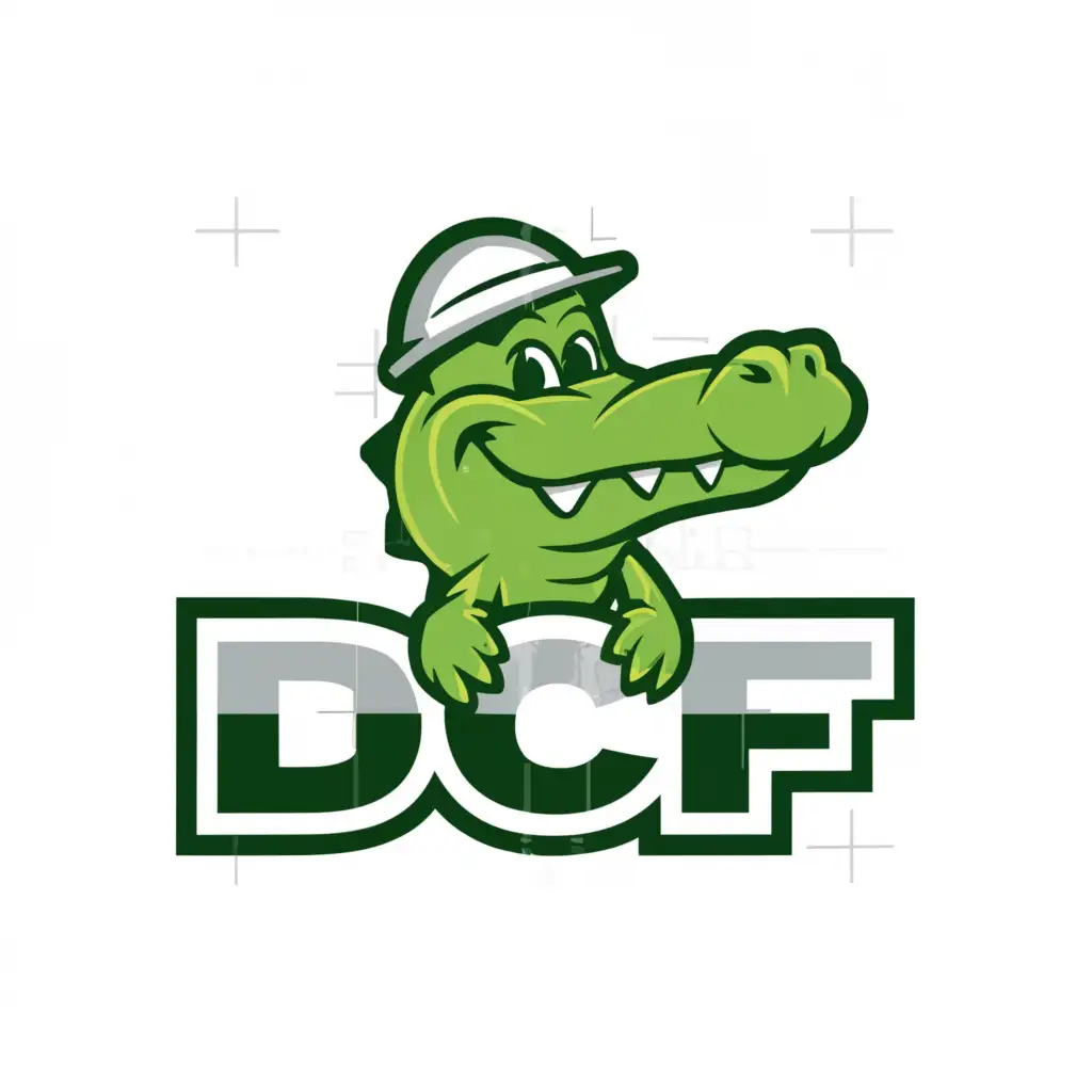 a logo design,with the text "DCF", main symbol:Cute Green Alligator with White Safety Hat,complex,be used in Construction industry,clear background