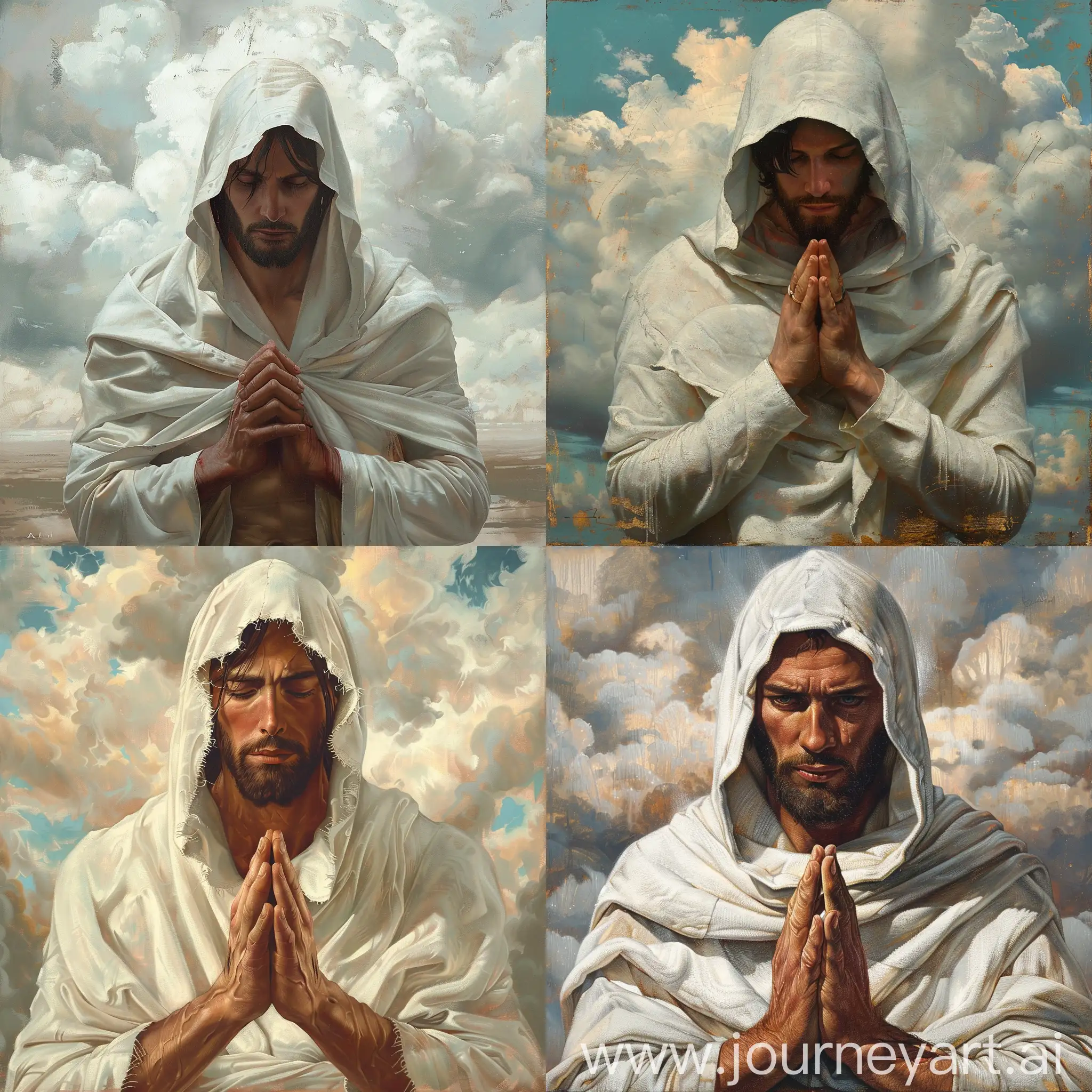 The image features Jesus with hands clasped in prayer, wearing a white hooded robe. The background shows a cloudy sky.
