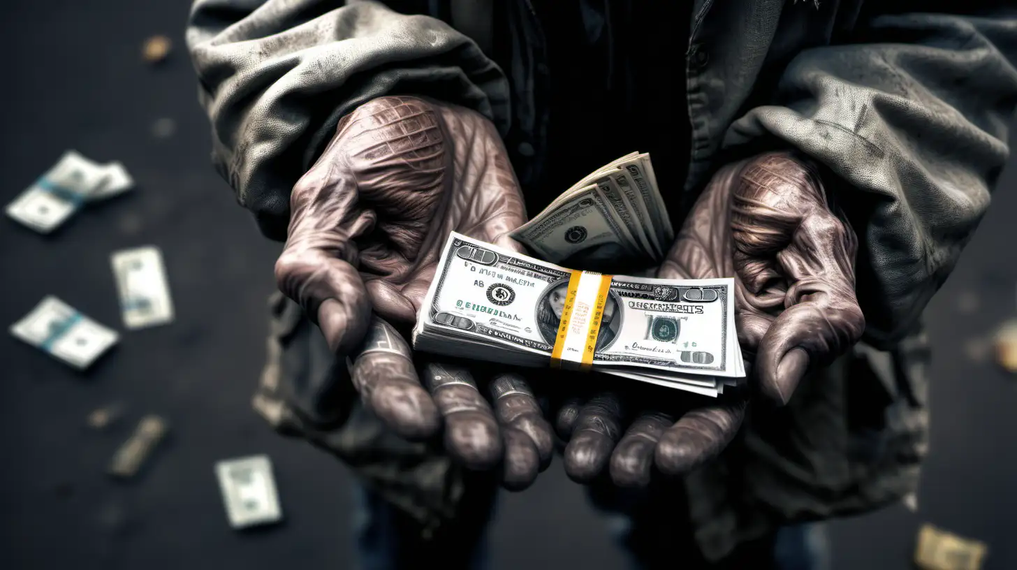 /imagine prompt: Realistic, Cinematic, personality: [a homeless man's hands holding a lot of  money.] unreal engine, hyper real --q 2 --v 5.2 --ar 16:9