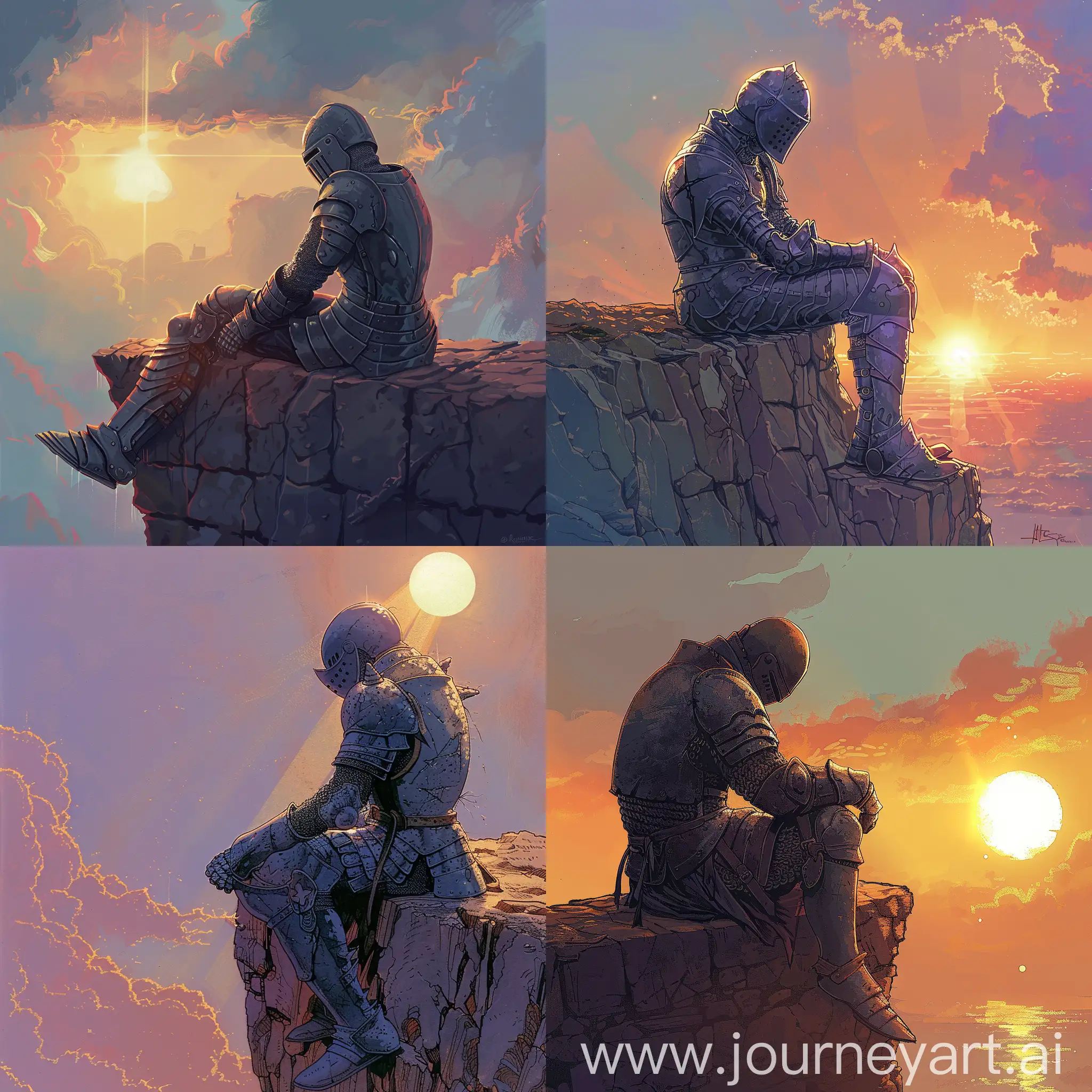 An illustration of a knight wearing armor of the black knight from the Monty Python's Holy Grail sitting on the edge of a cliff with a saddened posture looking at the sunrise, sunlight reflecting and highlitning on his armor. 80's fantasy art style.