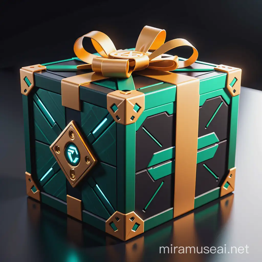 a 3D Gift box 
 the lid of the box must be half open
for style - Take inspiration from a gaming world like Combat Arms.
On the sides of the box, add details from the crypto field.

