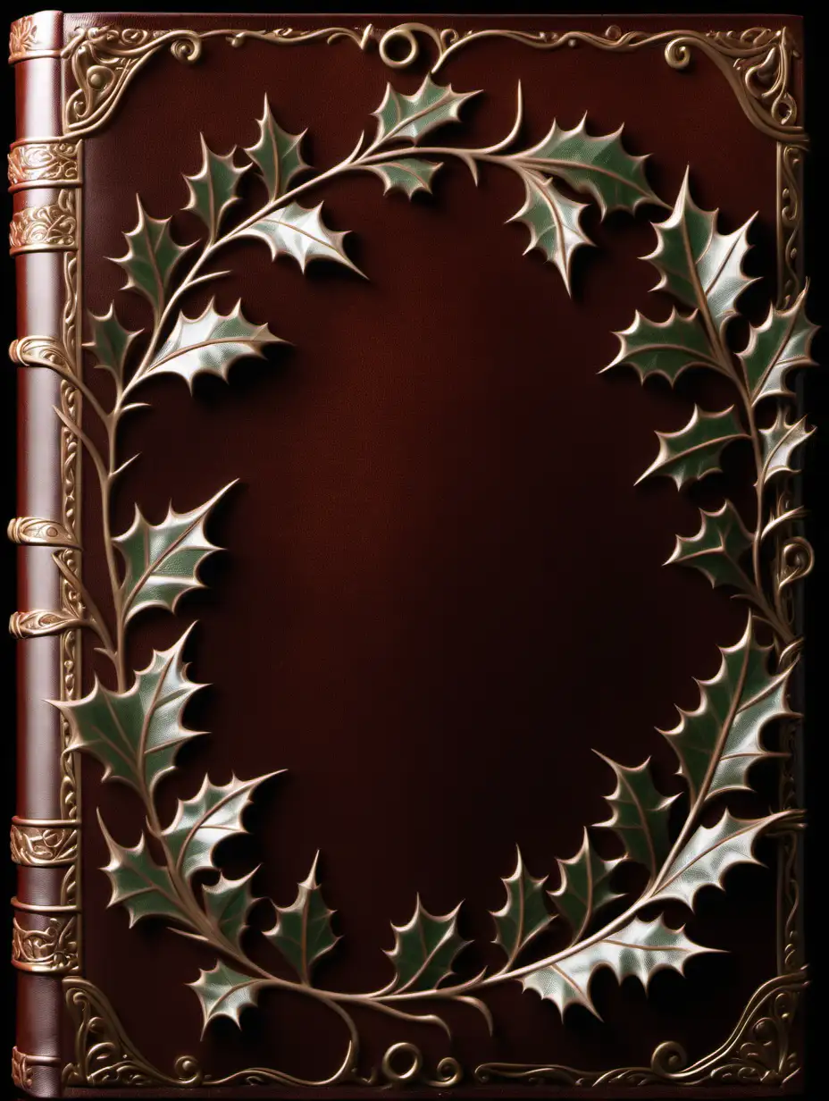 Leather book cover, completely blank. A design of delicate holly frames the empty space