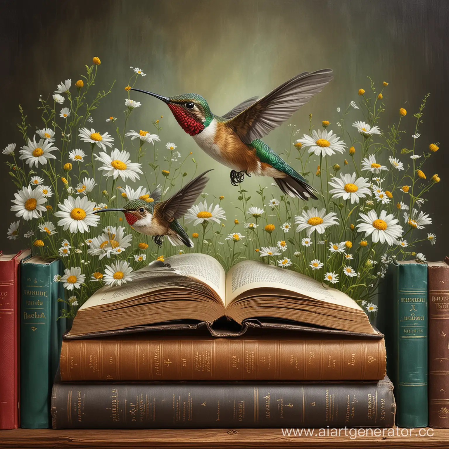 Tranquil-Scene-Hummingbirds-Amidst-Books-and-Chamomiles