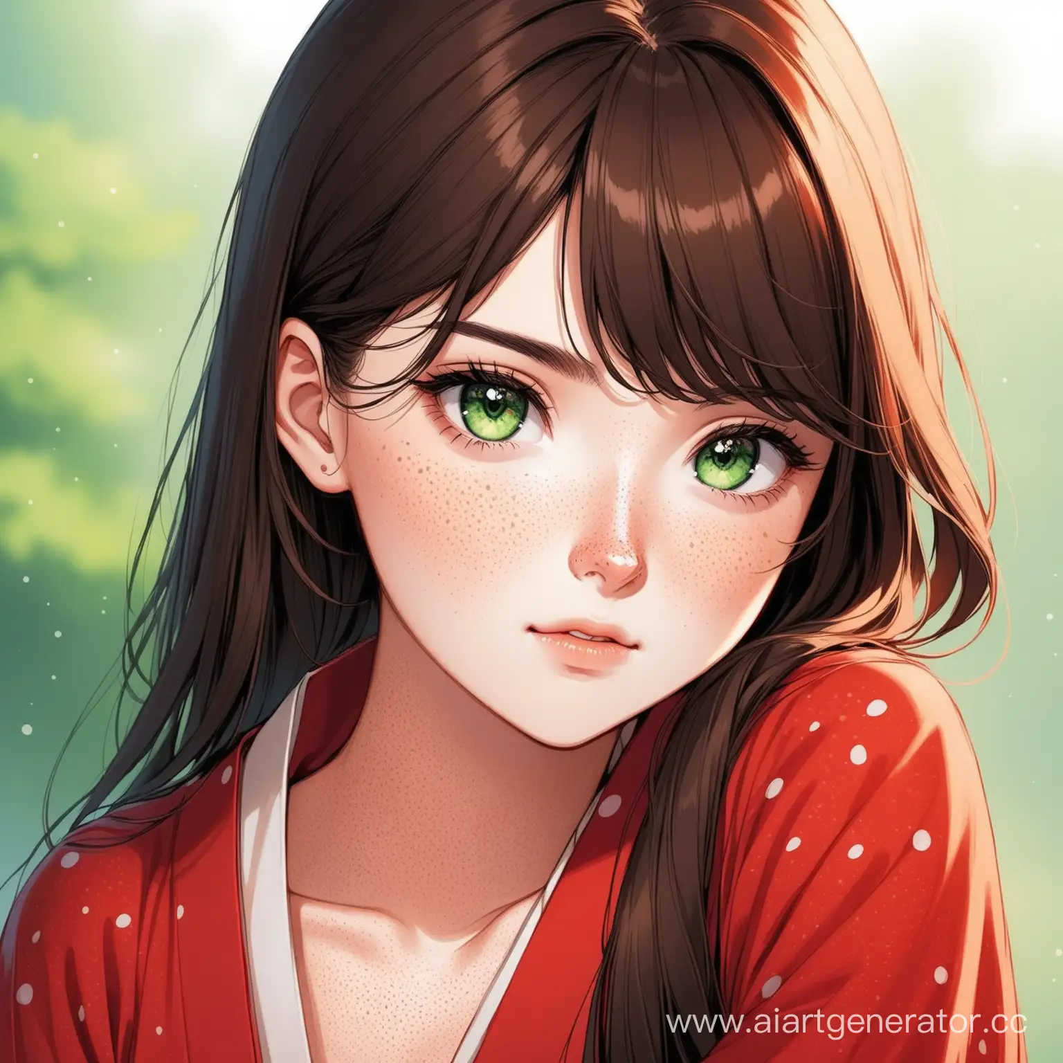 девушка с веснушками ,с темно-зелеными глазами,шатенка в красном ханьфу