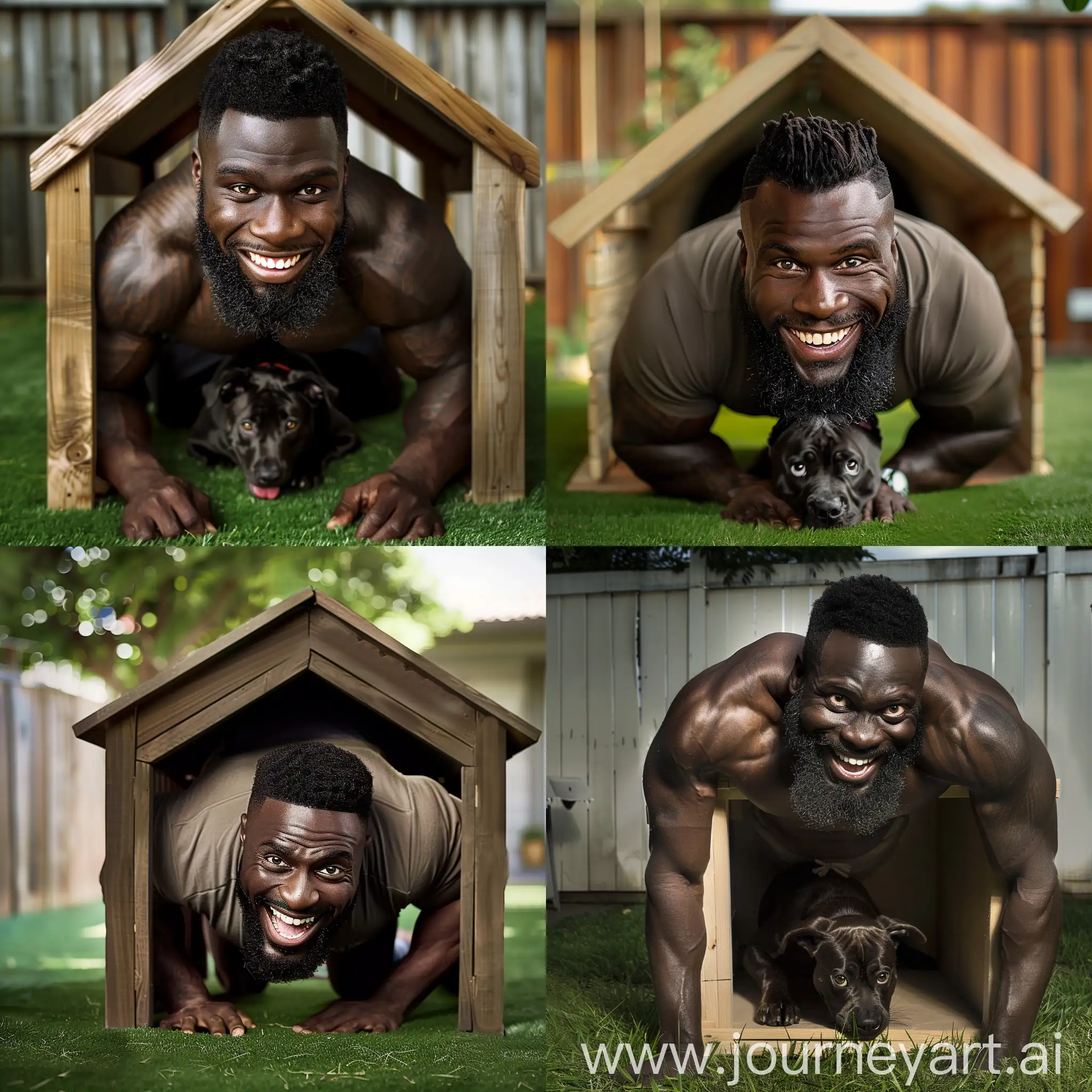 a handsome dark skinned muscular burly man with his eyes white rolling back, good looking bearded black man smiling happy face, burly muscular man crawling on all fours inside a dog house, man inside a small dog house, backyard background, grass floor, beautiful day