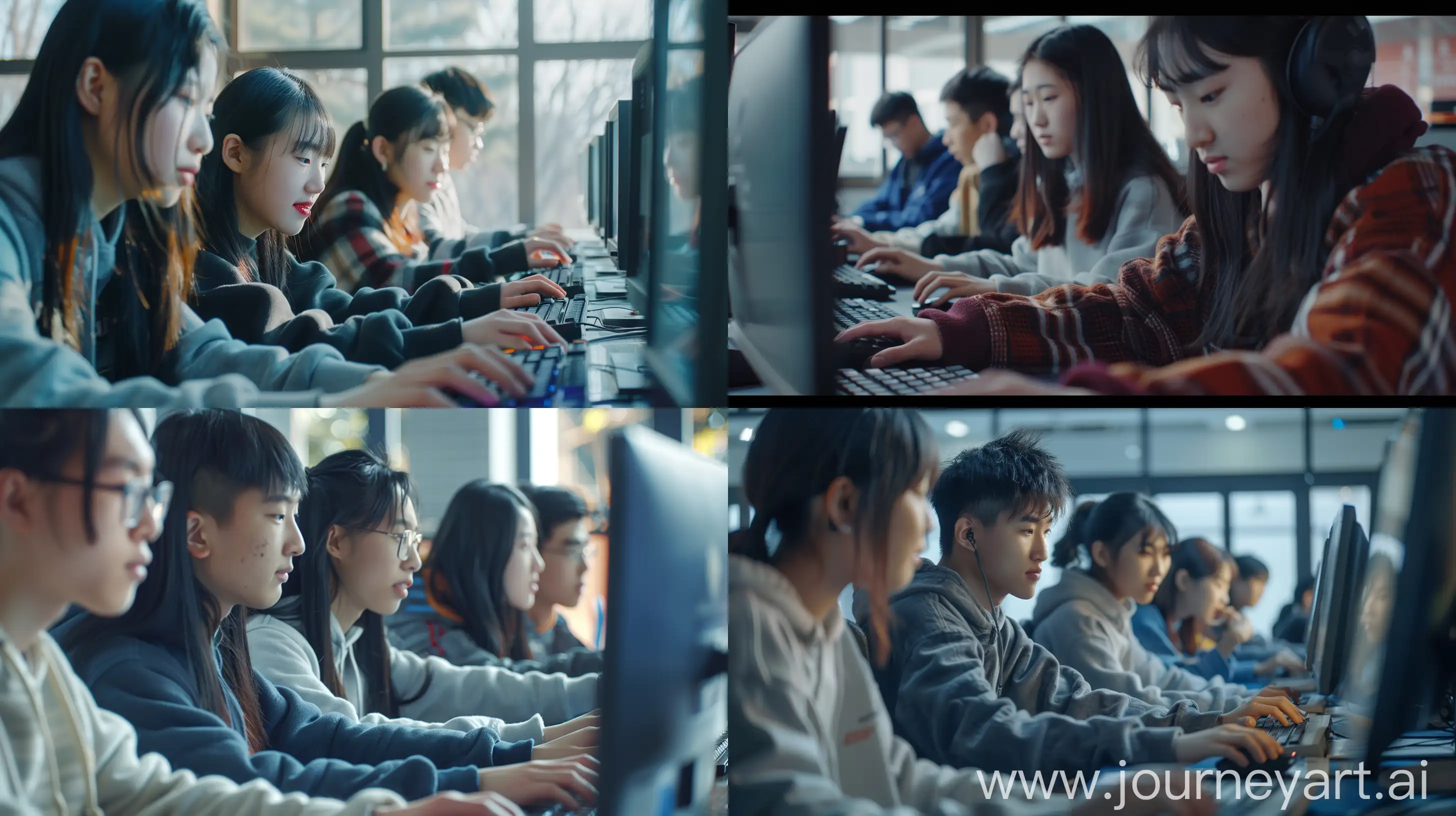 20-year-old Asian college students are operating the computers,
their fingers dance upon the keys, while others watch and discuss together.
The natural light pours in and shine, with a warm glow.
The atmosphere is relaxed and joyful. winter, 8k --ar 16:9 