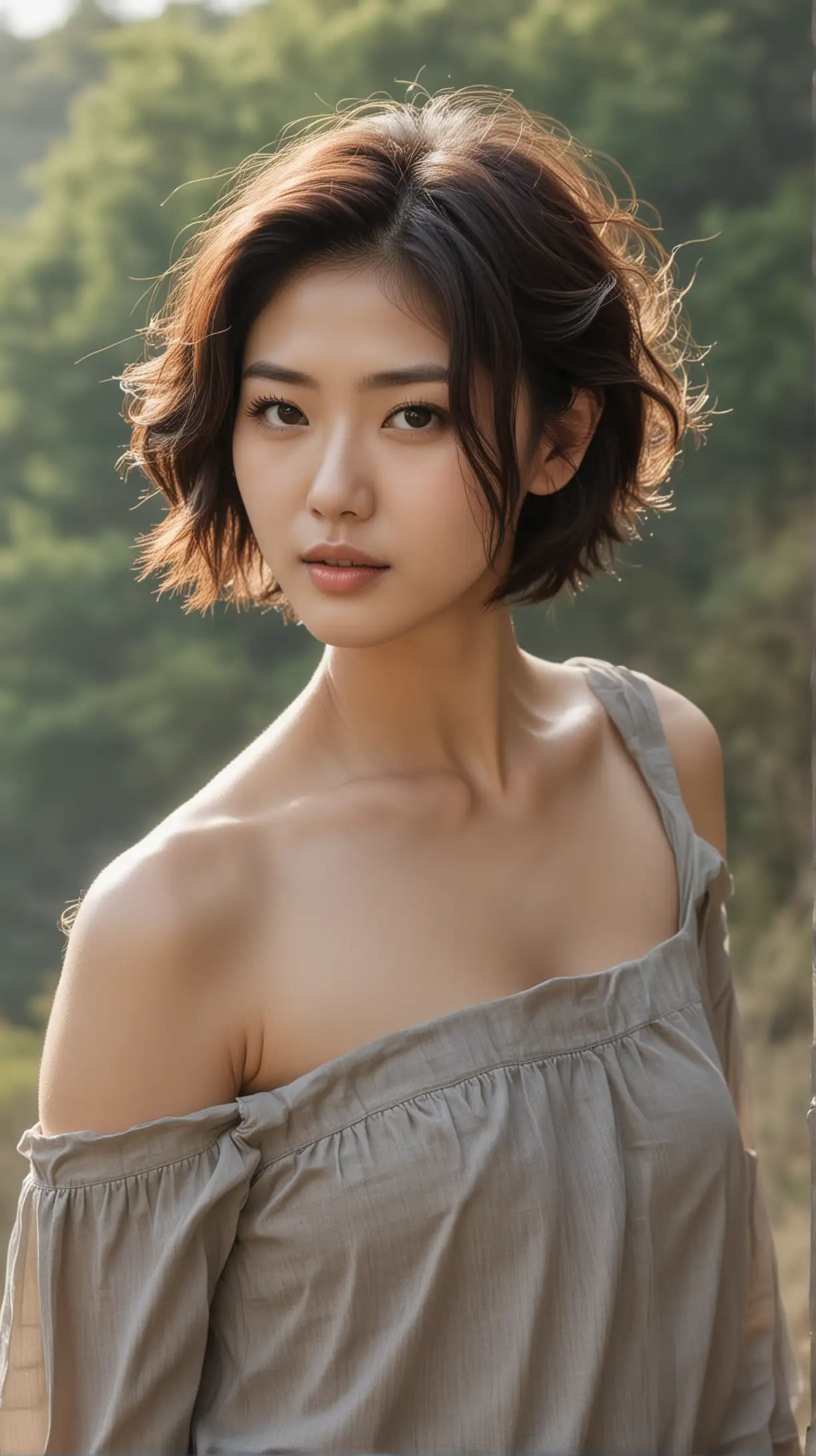 Beautiful female model, cut hair - wolf cut Short Wavy Korean, age 30, background - nature