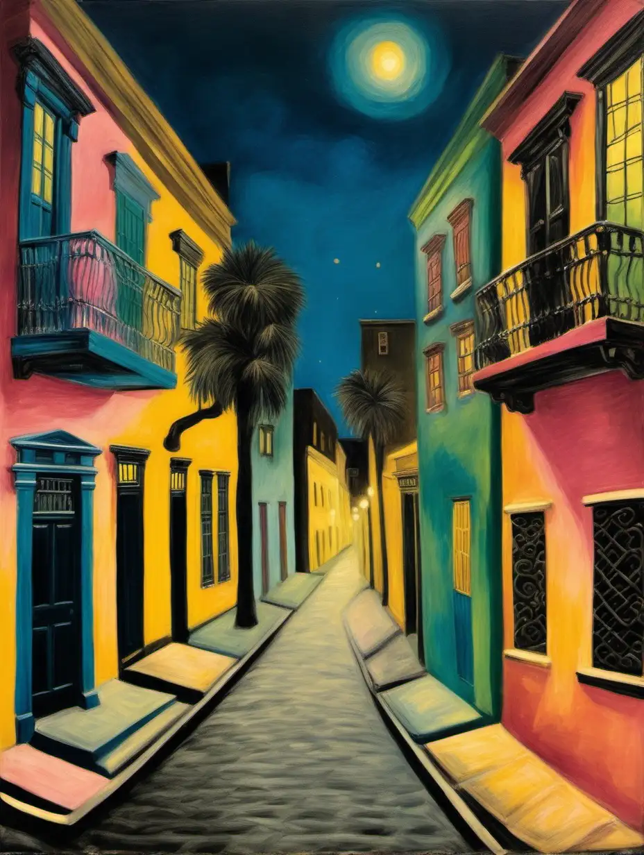 Frida Kahlo painting of a busy Charleston street scene at night uses warm, soft colors that are "glowing" or "luminous." She uses a limited palette of colors, primarily blues, greens, yellows, and pinks, layering and blending to create subtle variations in hue. The colors are often used to create a sense of depth and volume, with the use of gradients and highlights.