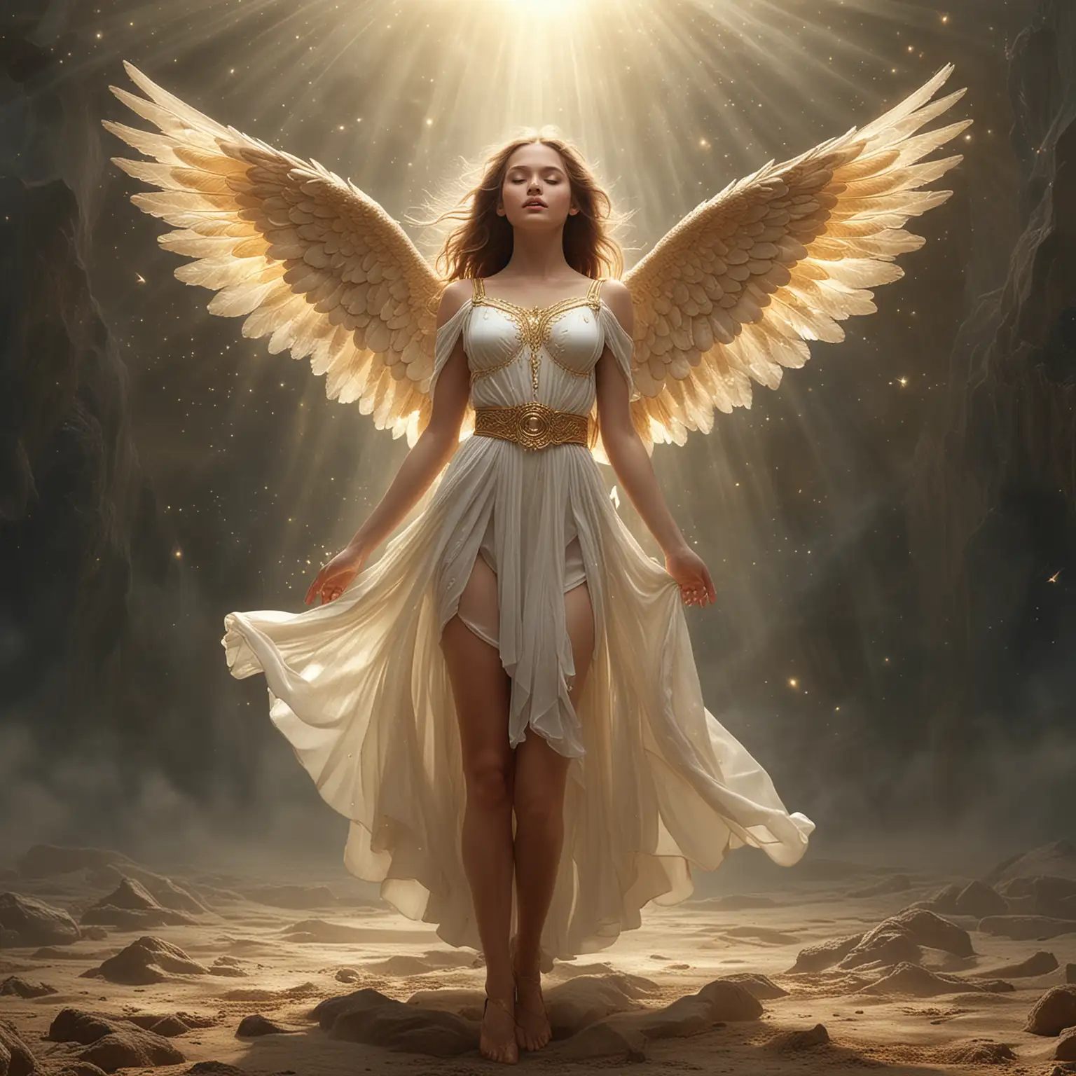 Perfect pretty mysterious ethereal whole body Guardian angel with perfect angel face and perfect fingers hovering above ground in mysterious vast otherworldly inner earth, whole body, perfect face, long decent angel dress, golden angel belt, perfect legs, golden ballerinas, perfect hands, perfect details, photorealistic digital art.