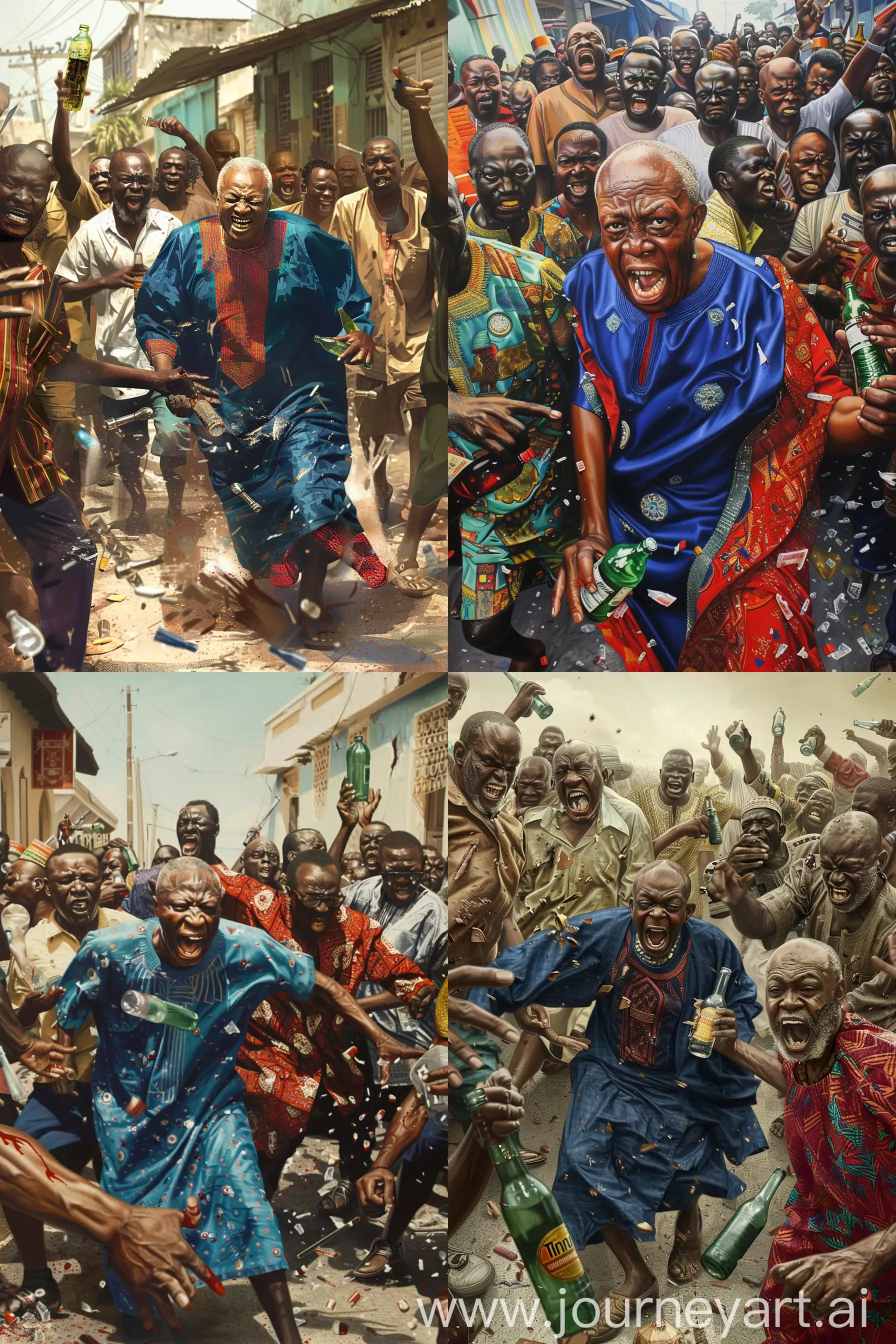 /imagine prompt: color photo of a multitude of angry Nigerian thugs, with different looks, faces, tribes, holding broken bottles and weapons, chasing after a scared-looking President Bola Ahmed Tinubu of Nigeria, who is wearing a blue and red kaftan on a Lagos Street, photorealistic, strong art strokes. —c 10 —ar 2:3