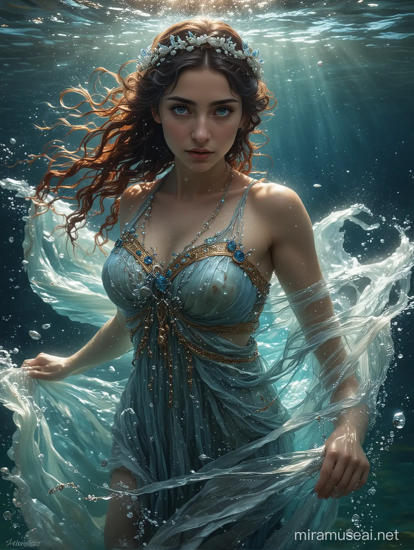 A masterpieced of Kimiya Hosseini as Leucothea, Greek goddess of the sea. She is under the sea, and her Greek dress flows ethereally in the water until it mixes with the water until it disappears. She has has blue eyes. Realistic photo.

