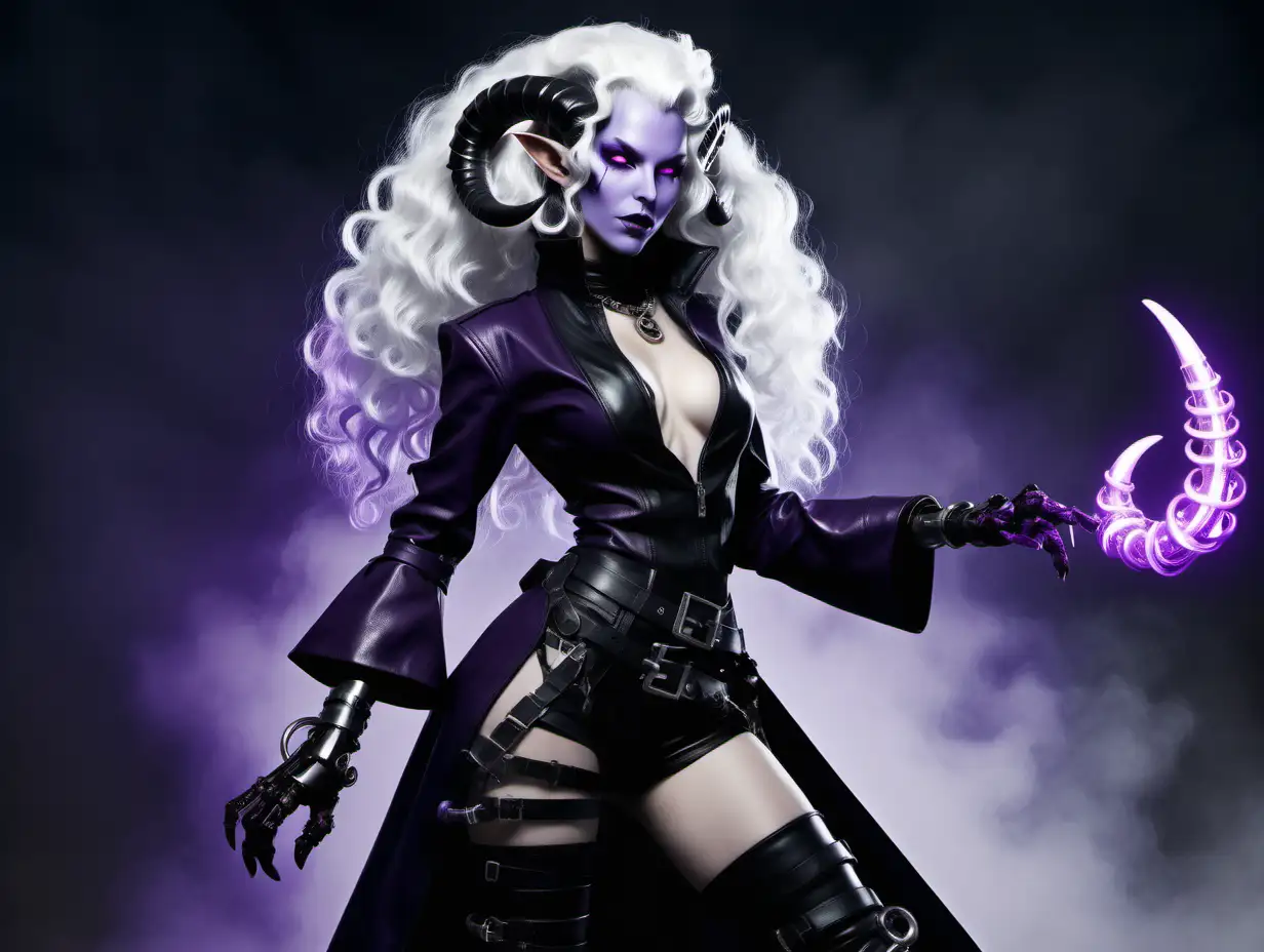 pale purple skin, long, flowing white hair tiefling; small black curly ram horns; dressed in black leather rogue outfit; robotic entire left leg; dark ally in the background; purple energy hands