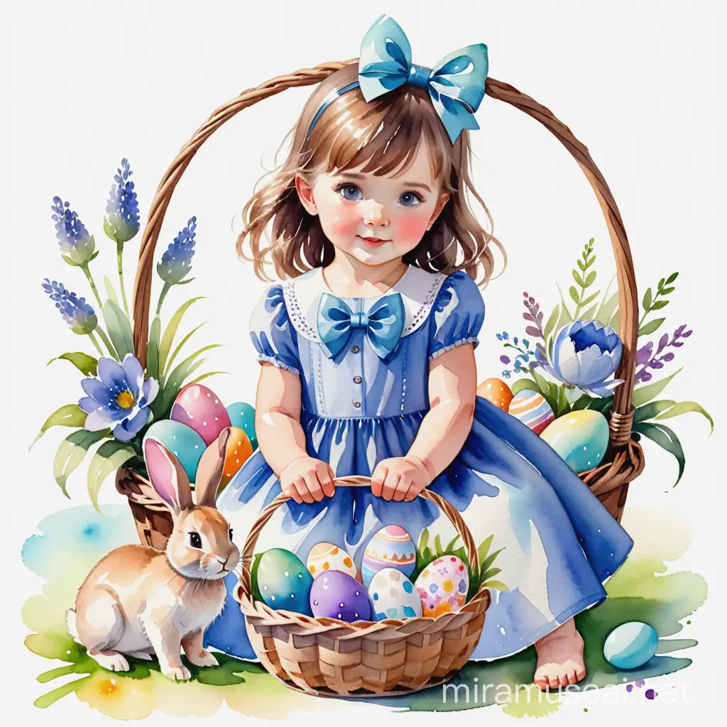 Маленькая девочка, синее платье, бант, пасхальные яйца в корзине, заяц, цветы, белый фон, акварель 