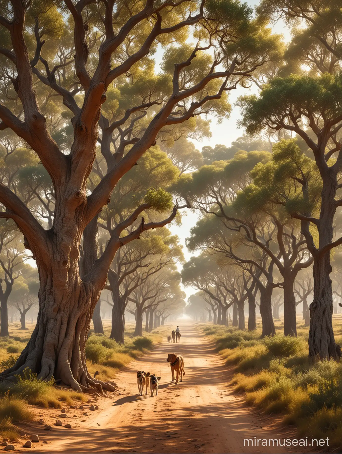 In a Portuguese Alentejo prairie, in the soft afternoon sun, there are cork oak trees, among the cork oak trees, there is a man and a dog, the man and the dog are hunting, light and soft colours, detailed, realistic