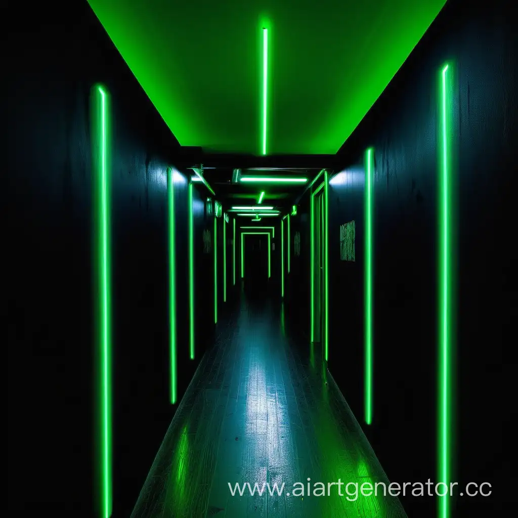 corridor with black walls with green neon lights