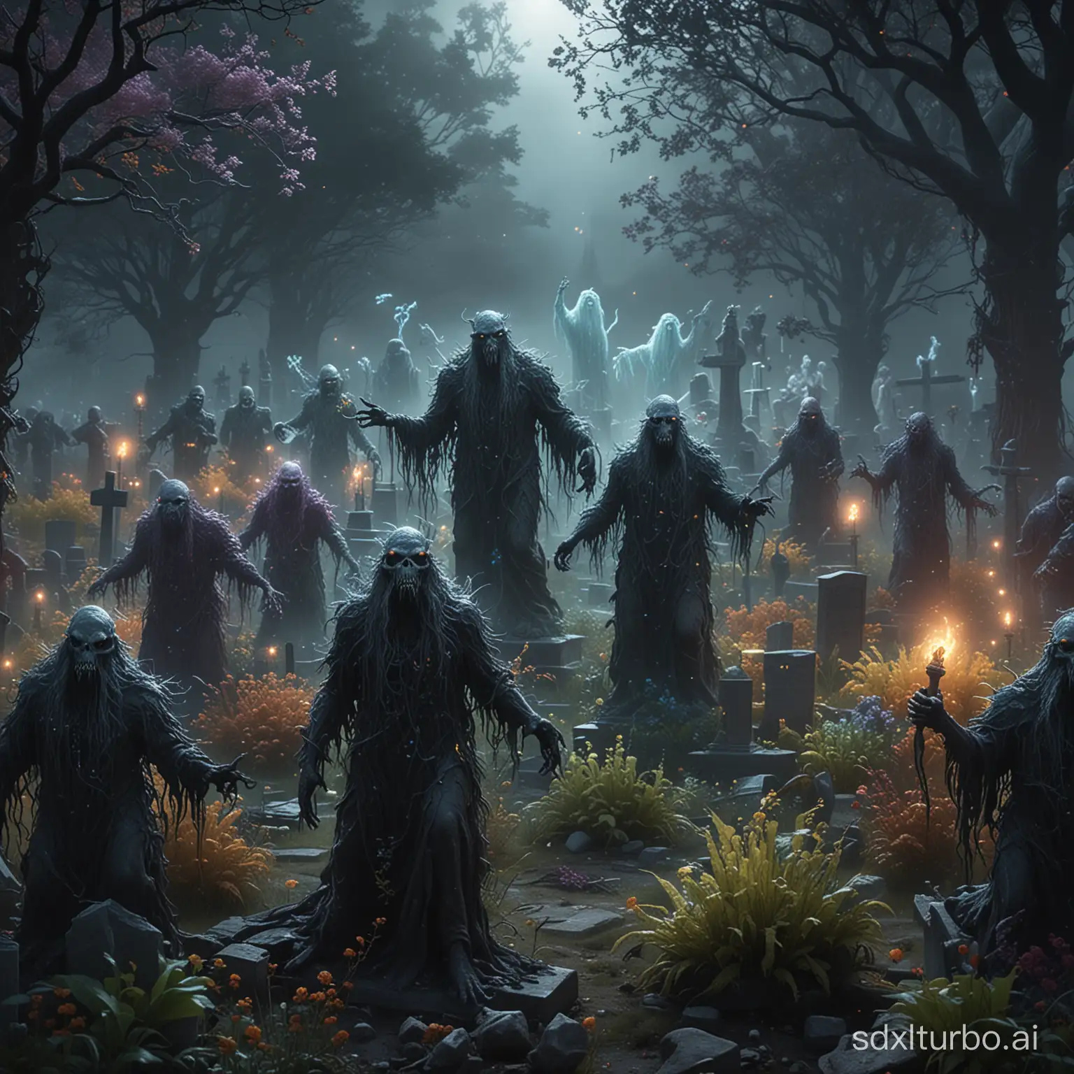 A group of evil monsters dance in the cemetery. Surrounded by will-o'-the-wisps, luminous plants, dreamlike light. Highly detailed, realistic, and colorful as hell.