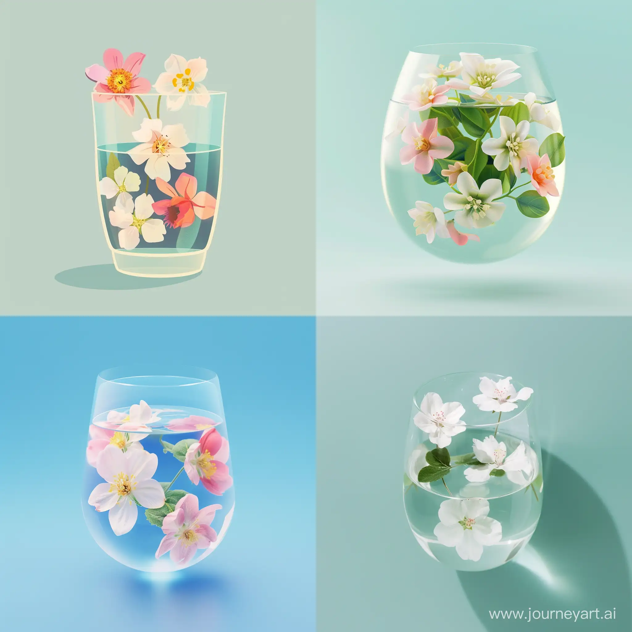 flowers are floating in a clear glass, in the style of apple core, dreamlike naturaleza, anime aesthetic, norwegian nature, in flat style