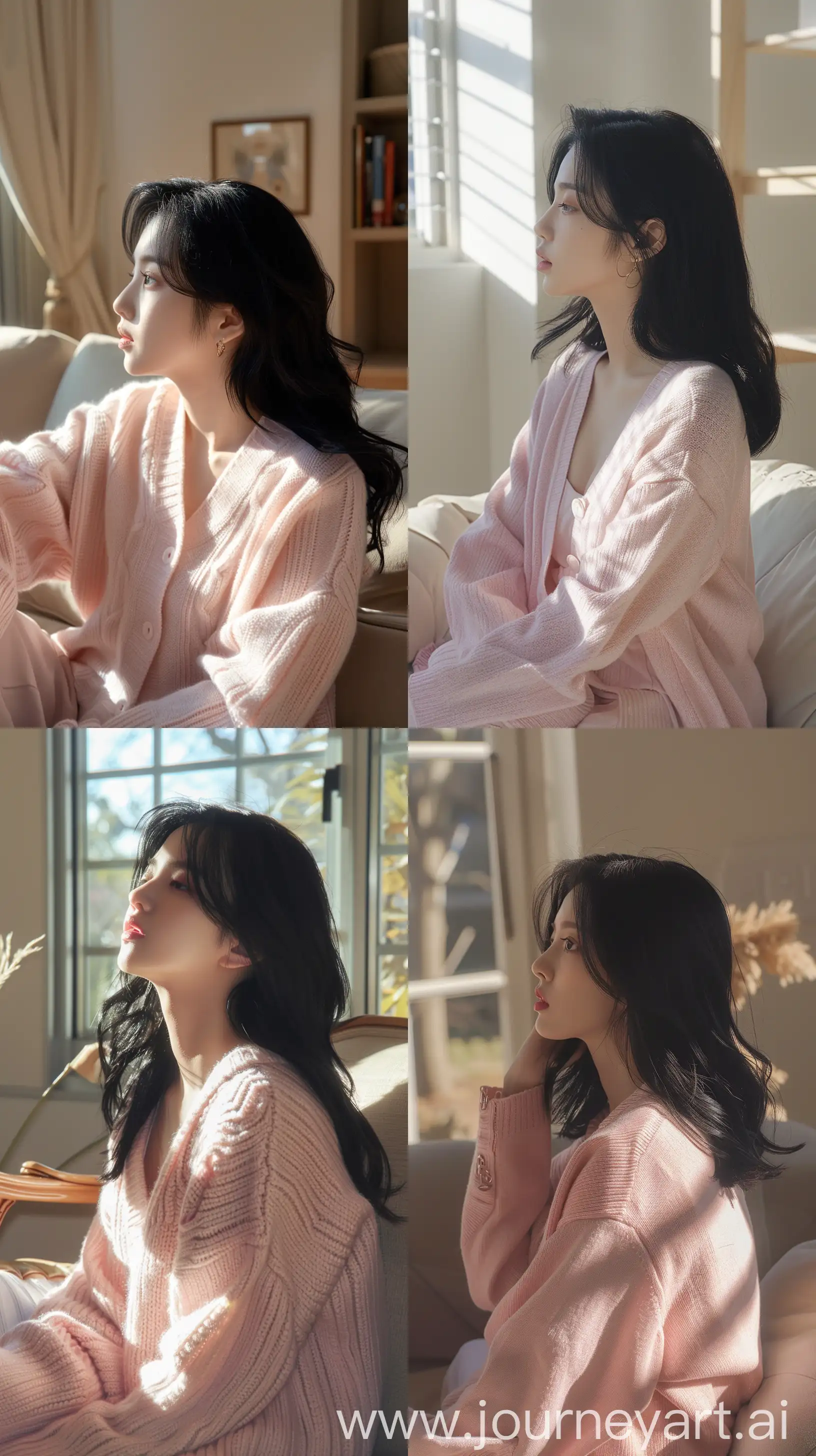 Blackpinks-Jennie-Relaxing-in-Soft-Pink-Cardigan-in-Sunlit-Room