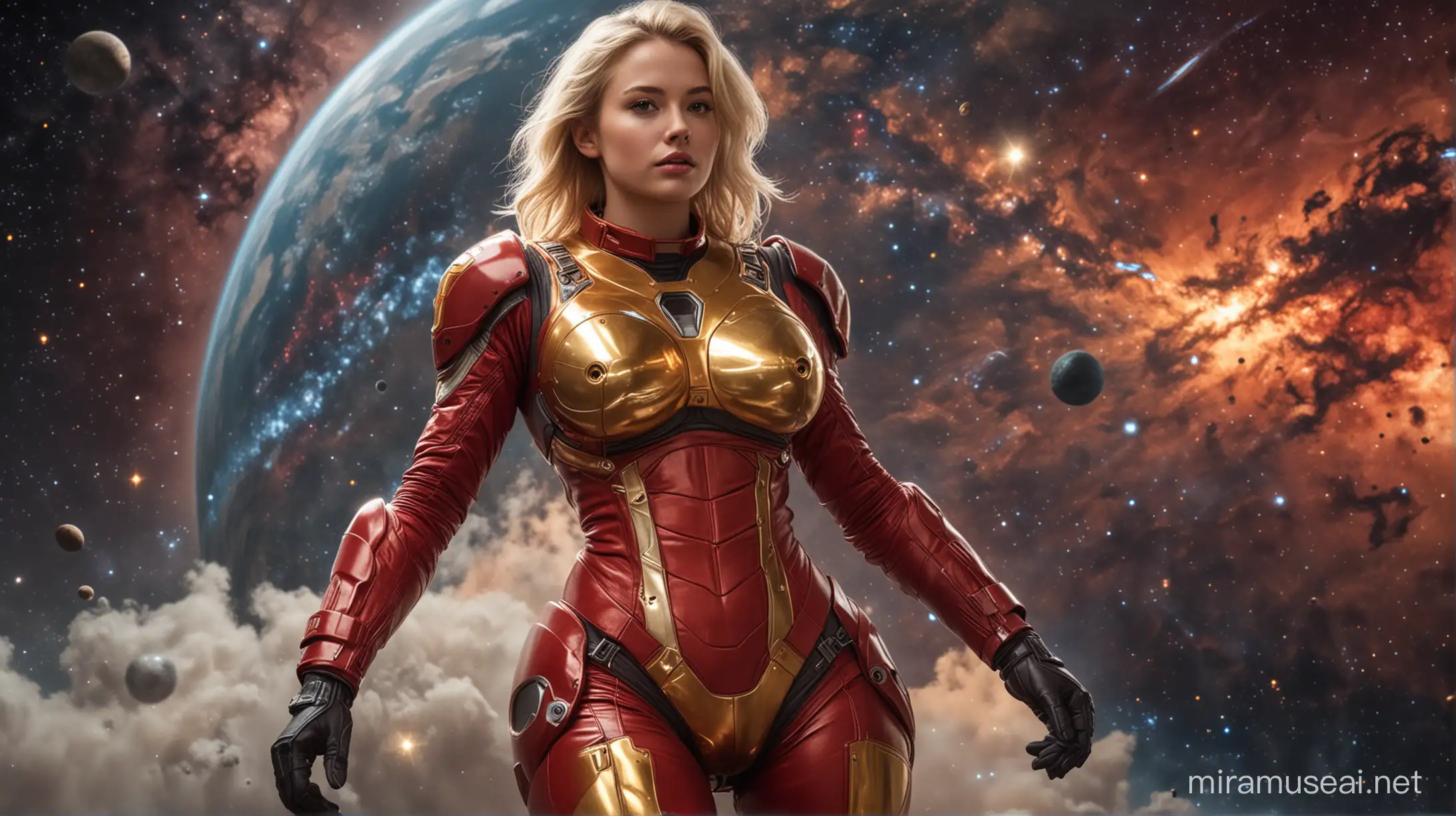 Blonde Woman in Red and Gold Armored Spacesuit Riding Spacebike Amidst Galaxies and Planets