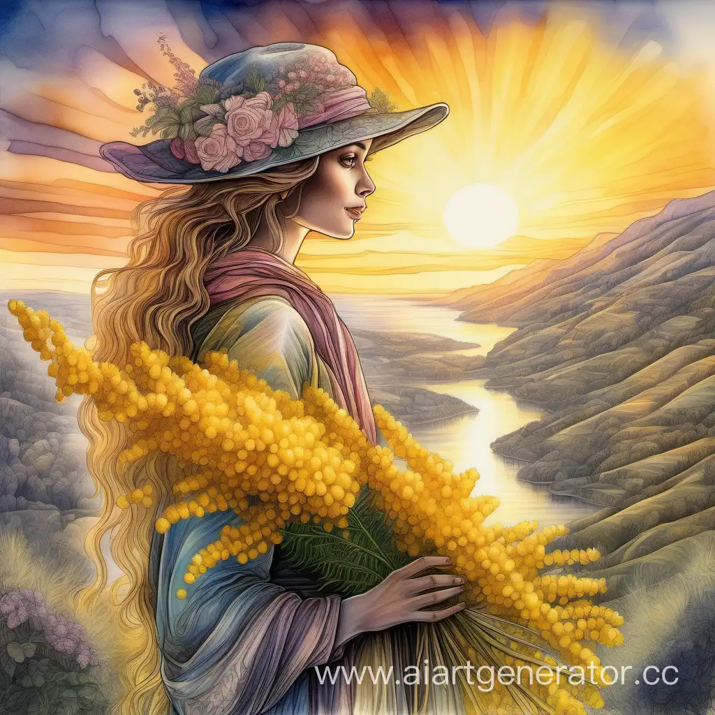 Graceful-Woman-with-Mimosa-Bouquet-at-Sunset
