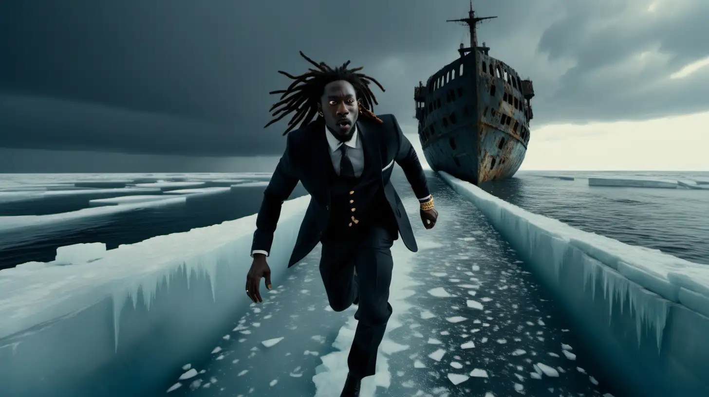 black man with black dreads wearing gold jewlery and a suit running one a ruined ship stuck in the frozen ocean with cinematic lighting, wide angle shot