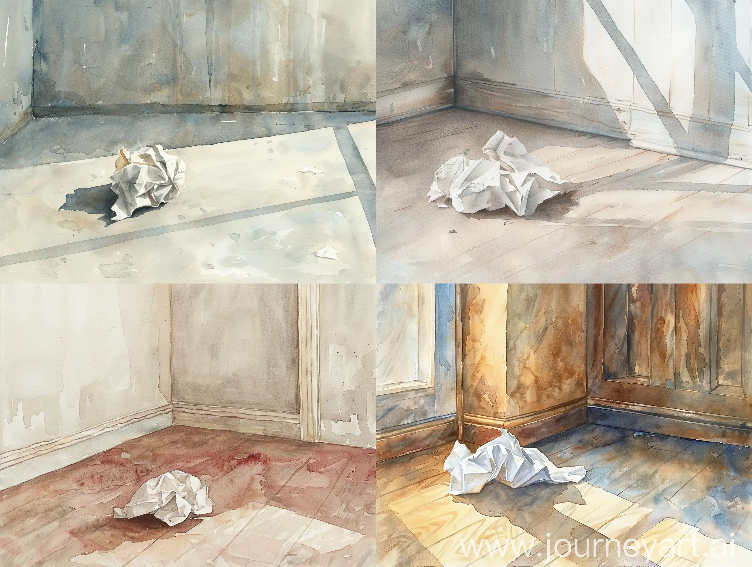 Watercolor image of a crumpled piece of paper on the floor