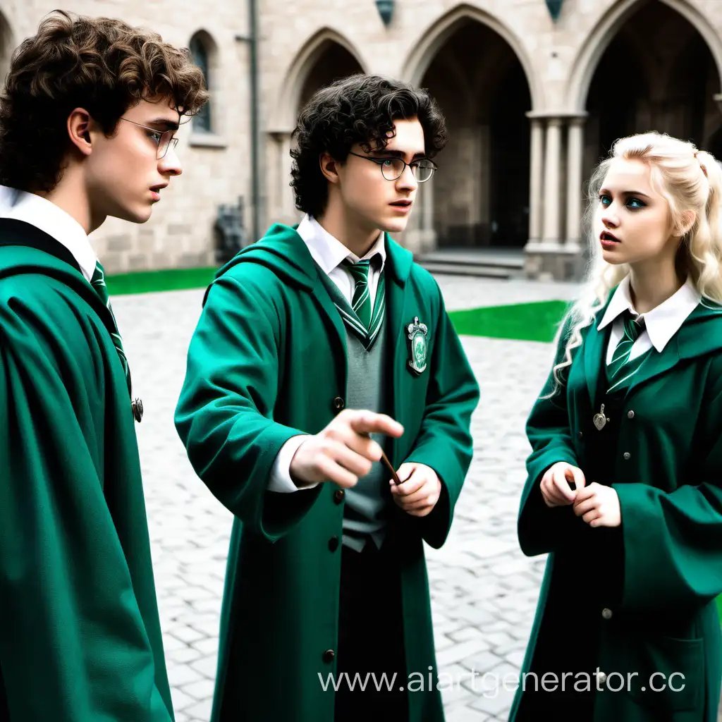 a young handsome guy in a Slytherin uniform with dark curly hair covers a young beautiful girl with blue eyes with blond hair with his back while a guy is arguing with another guy with glasses, in the courtyard of Hogwarts at Fonatan on the street, in the afternoon